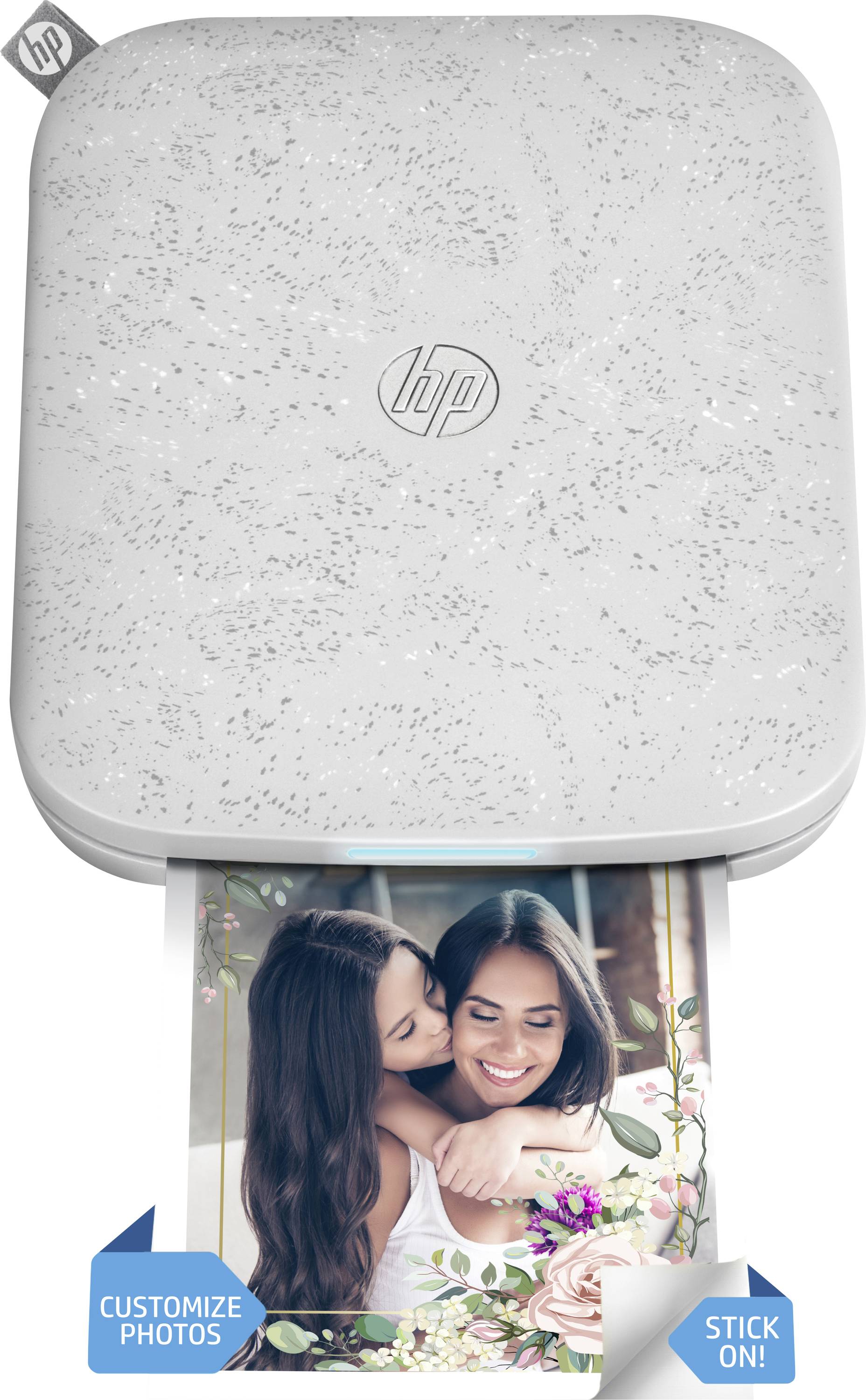 HP portable photo printer printing a photo of two smiling women, with 'CUSTOMIZE PHOTOS' and 'STICK ON!' labels.
