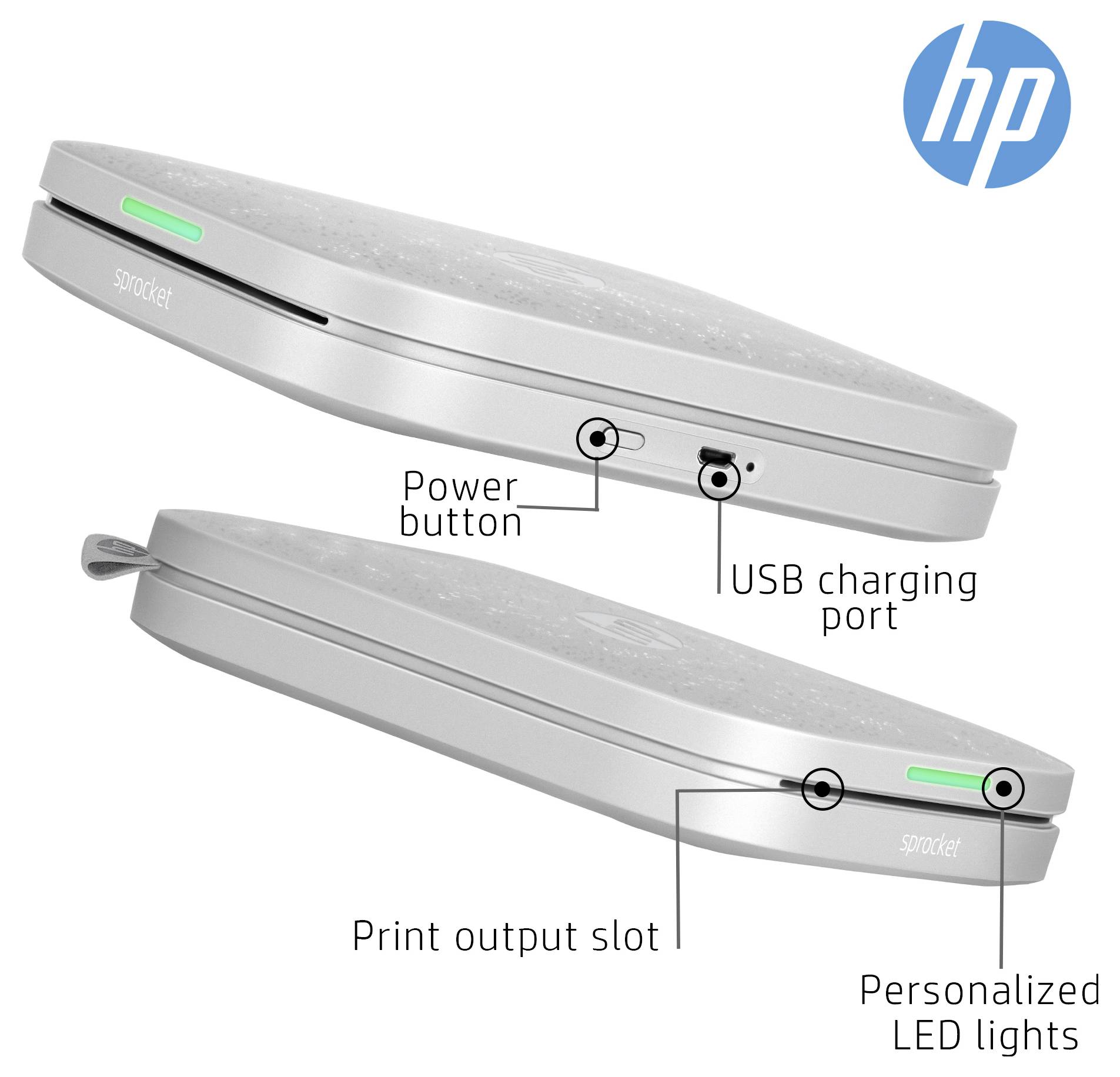 Annotated side view of an HP Sprocket printer showing the power button, USB charging port, print output slot, and personalized LED lights.