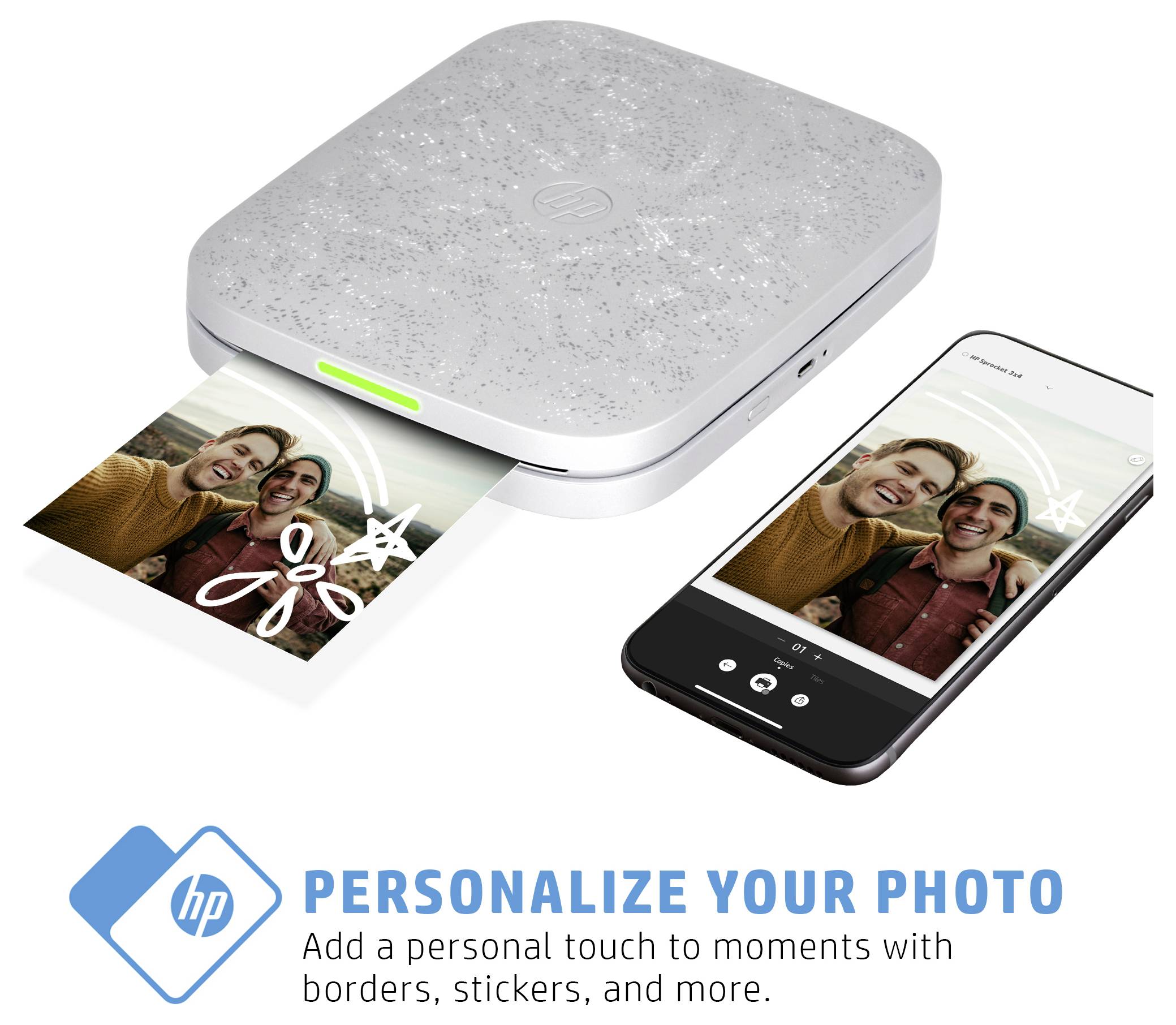 HP portable photo printer printing a selfie from a smartphone, with text 'PERSONALIZE YOUR PHOTO' and 'Add a personal touch to moments with borders, stickers, and more.'