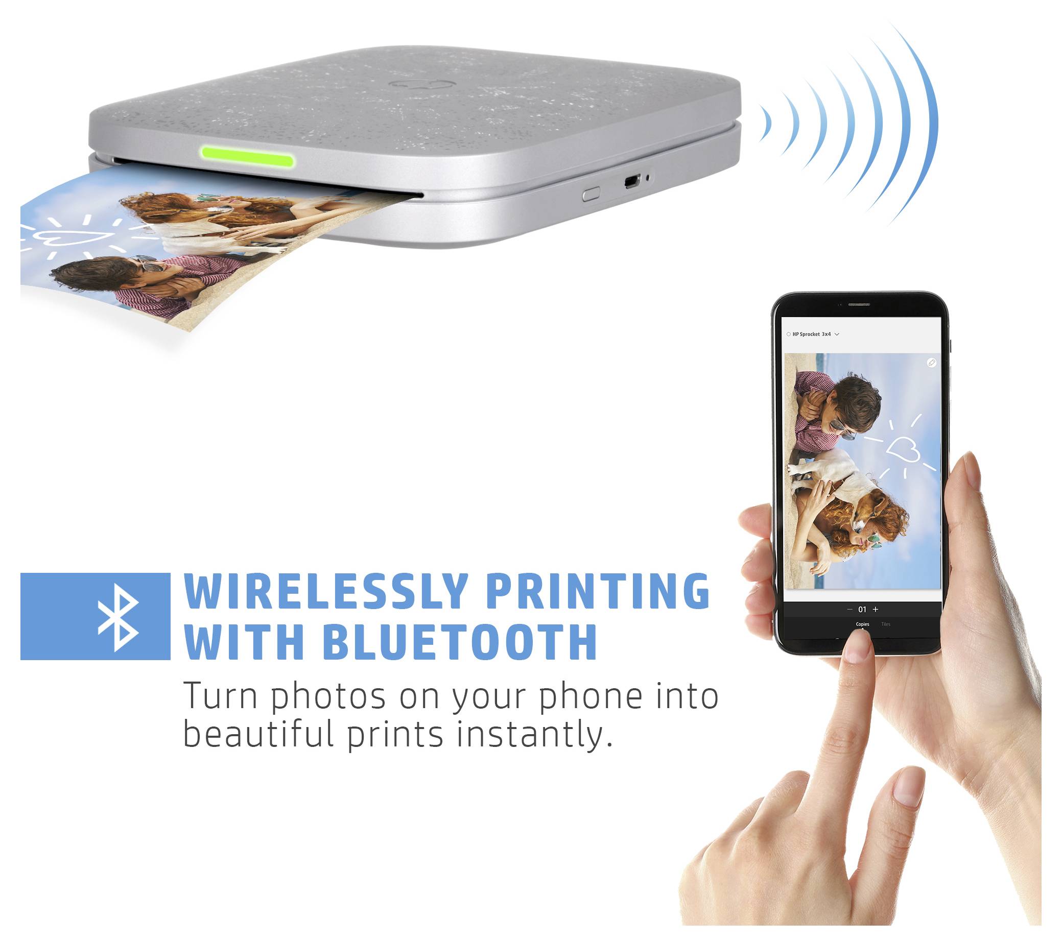 Wireless photo printer with Bluetooth prints a phone photo; text says 'WIRELESSLY PRINTING WITH BLUETOOTH' and 'Turn photos on your phone into beautiful prints instantly.'