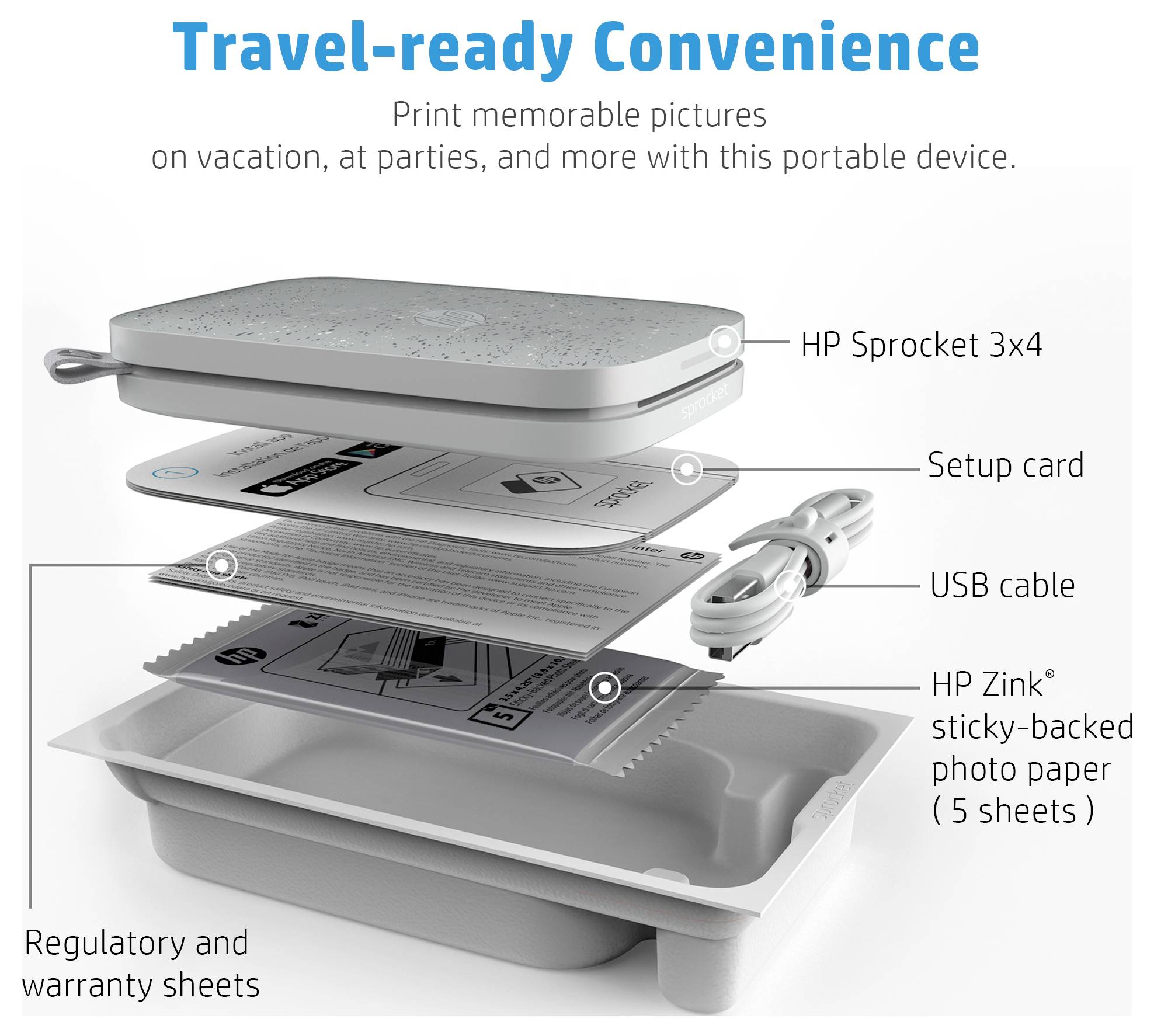Exploded view of an HP Sprocket 3x4 portable photo printer kit showing the printer, setup card, USB cable, HP Zink photo paper, and warranty sheets.