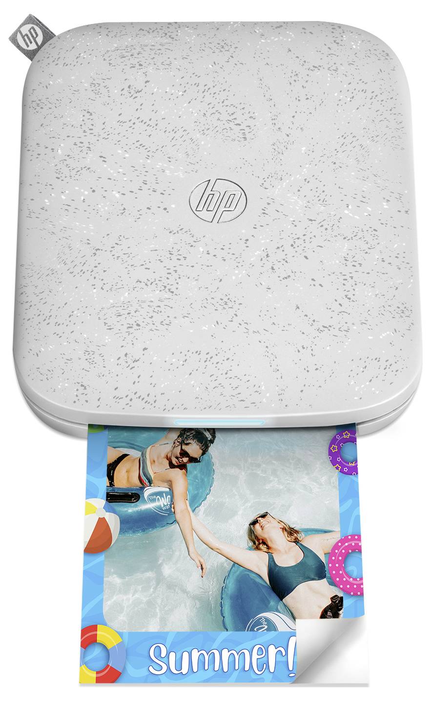 HP portable printer printing a colorful photo labeled 'Summer!' of two women floating in a pool, with the printer shown from above.