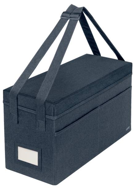 Dark insulated rectangular carrying bag with dual shoulder straps and a small label window on the front.