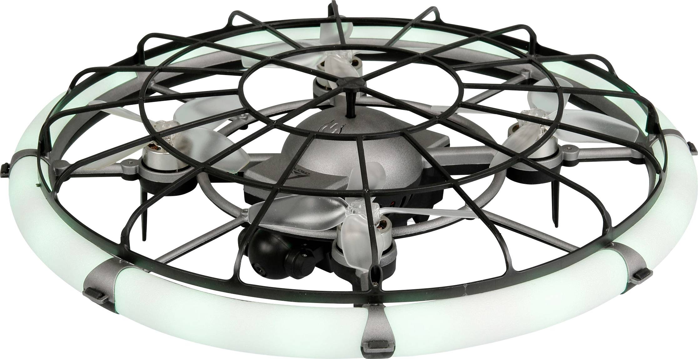 Close-up of a circular drone with protective cage and glowing ring, showing a compact propeller-equipped flying device.