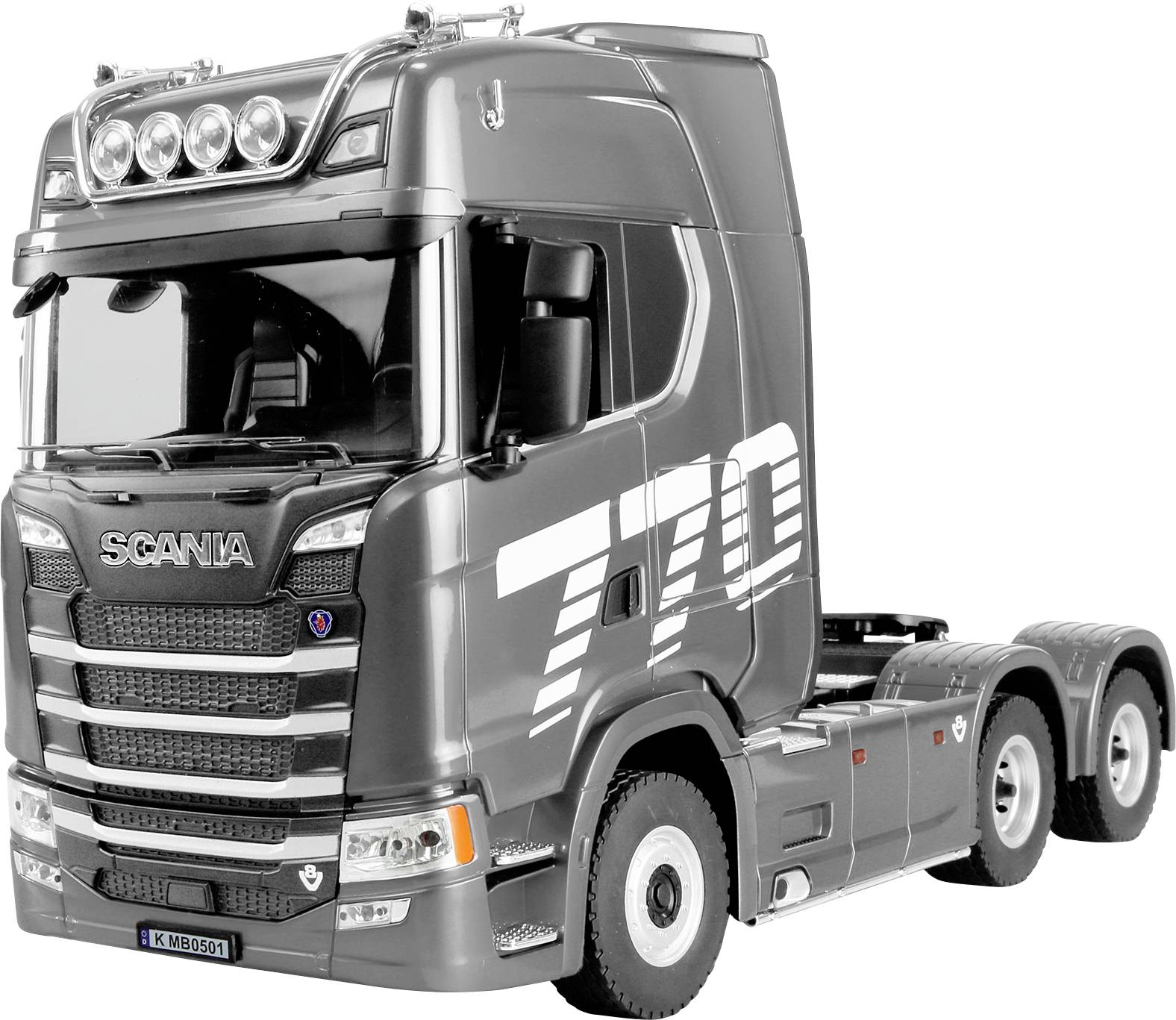 Gray Scania tractor truck cab with '750' branding, shown in side front view on a white background.
