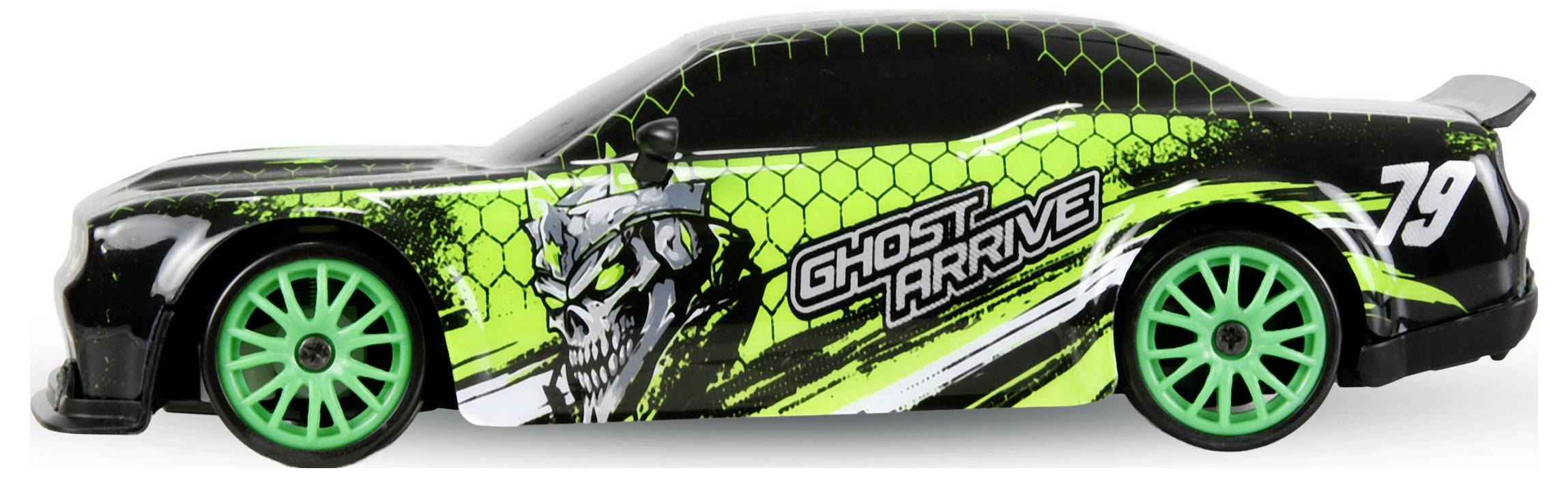 Black-and-neon-green race car toy with a skull graphic and the text 'GHOST RIVER', number 79 on the side.