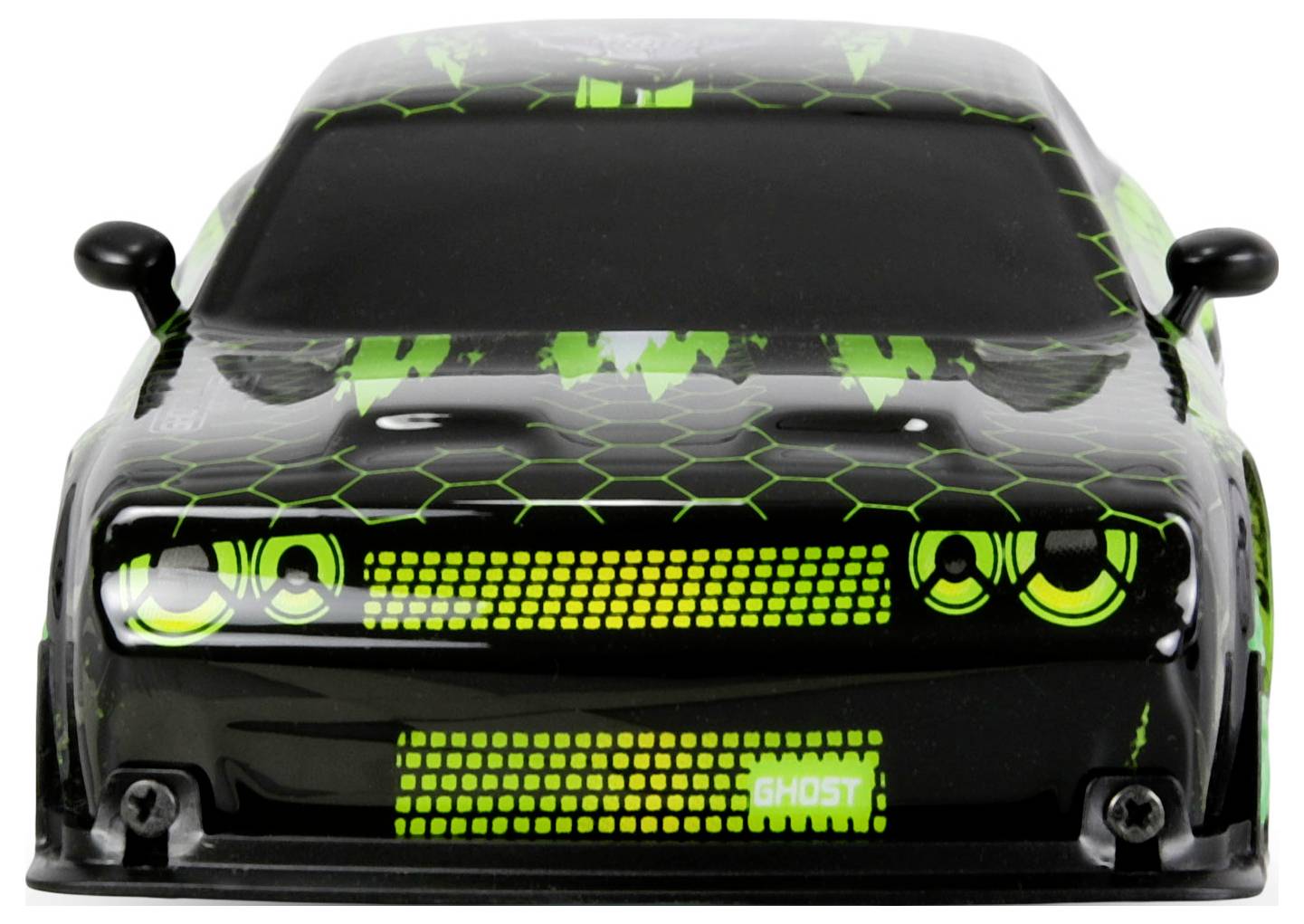 Front view of a black toy muscle car with neon green hexagon accents and bright green grille and headlights, labeled 'GHOST' on the front bumper.