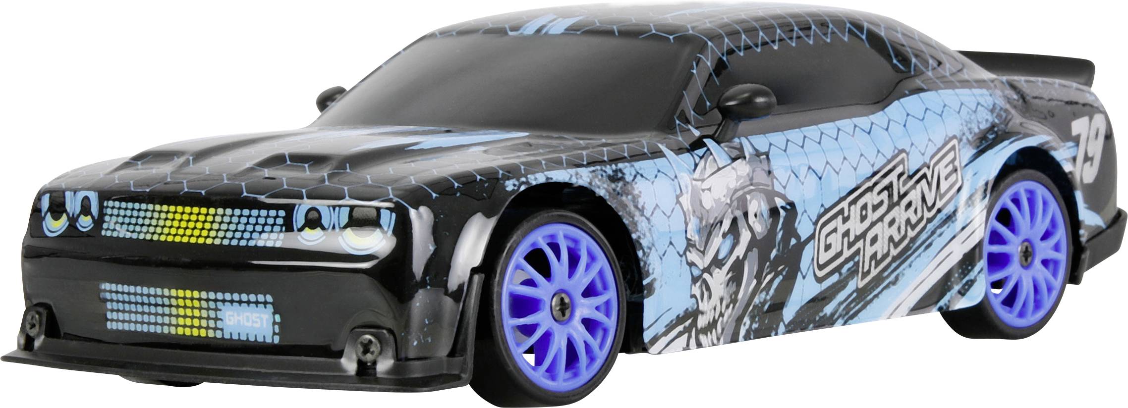 Black and blue Ghost Driver race car toy with racing decals, number 79, and bright blue wheels on a white background