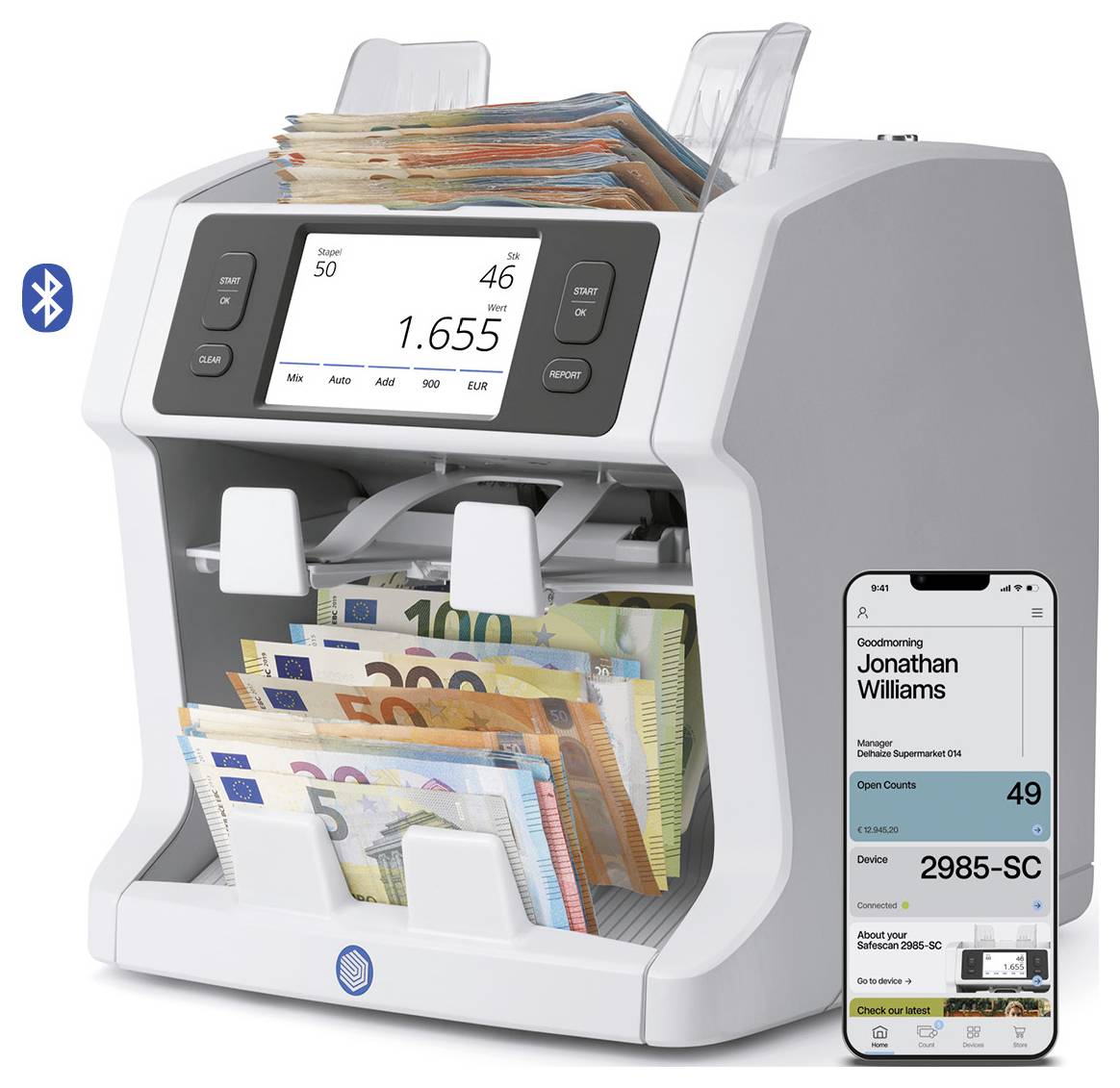 Automatic banknote counter counts a stack of euro bills, displaying 1,655 on its screen, with a phone app showing the connected device status.