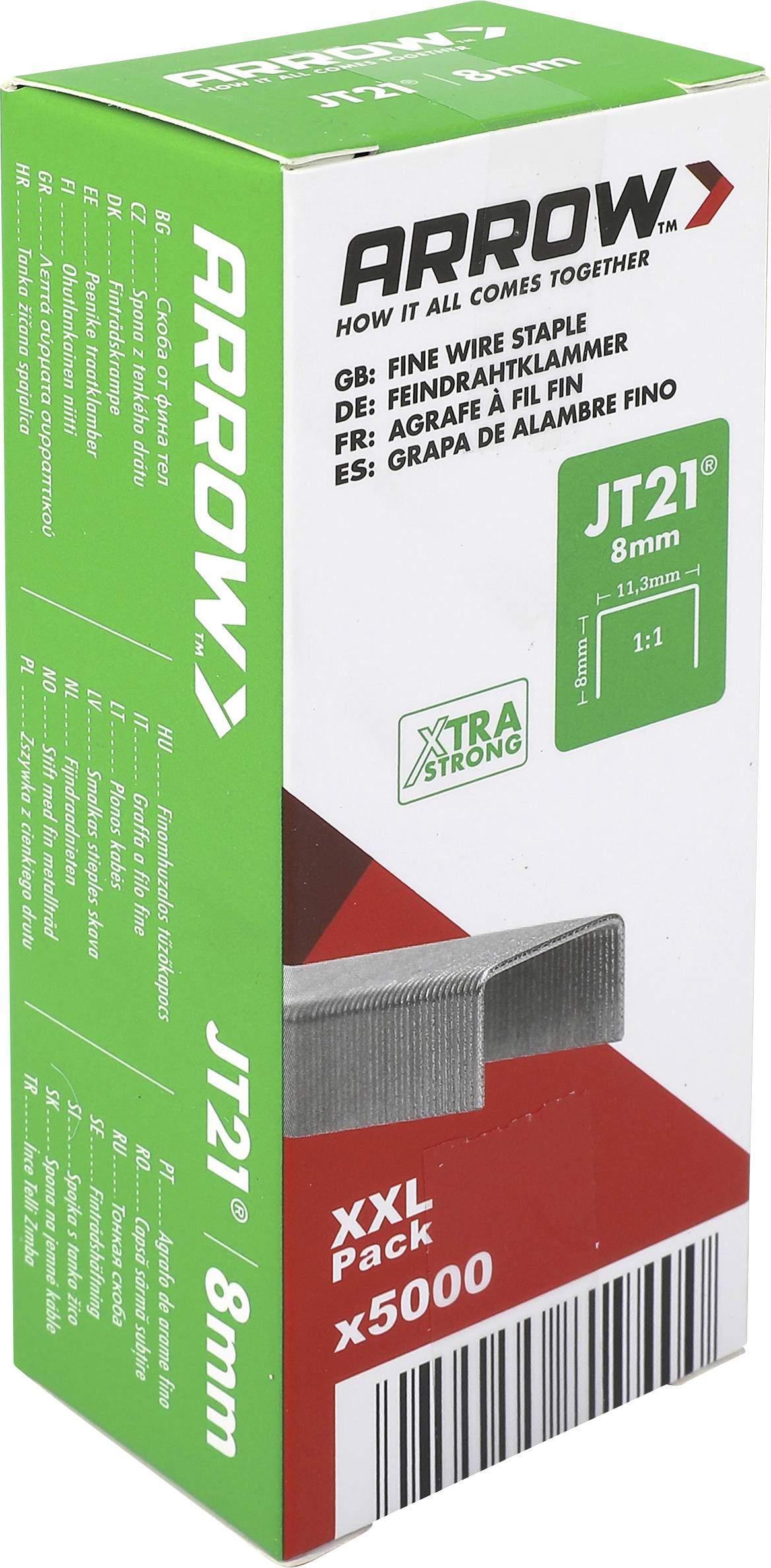 Arrow JT21 8mm fine wire staple box, labeled 'XTRA STRONG' and 'XXL pack x5000', with barcode and staple image.