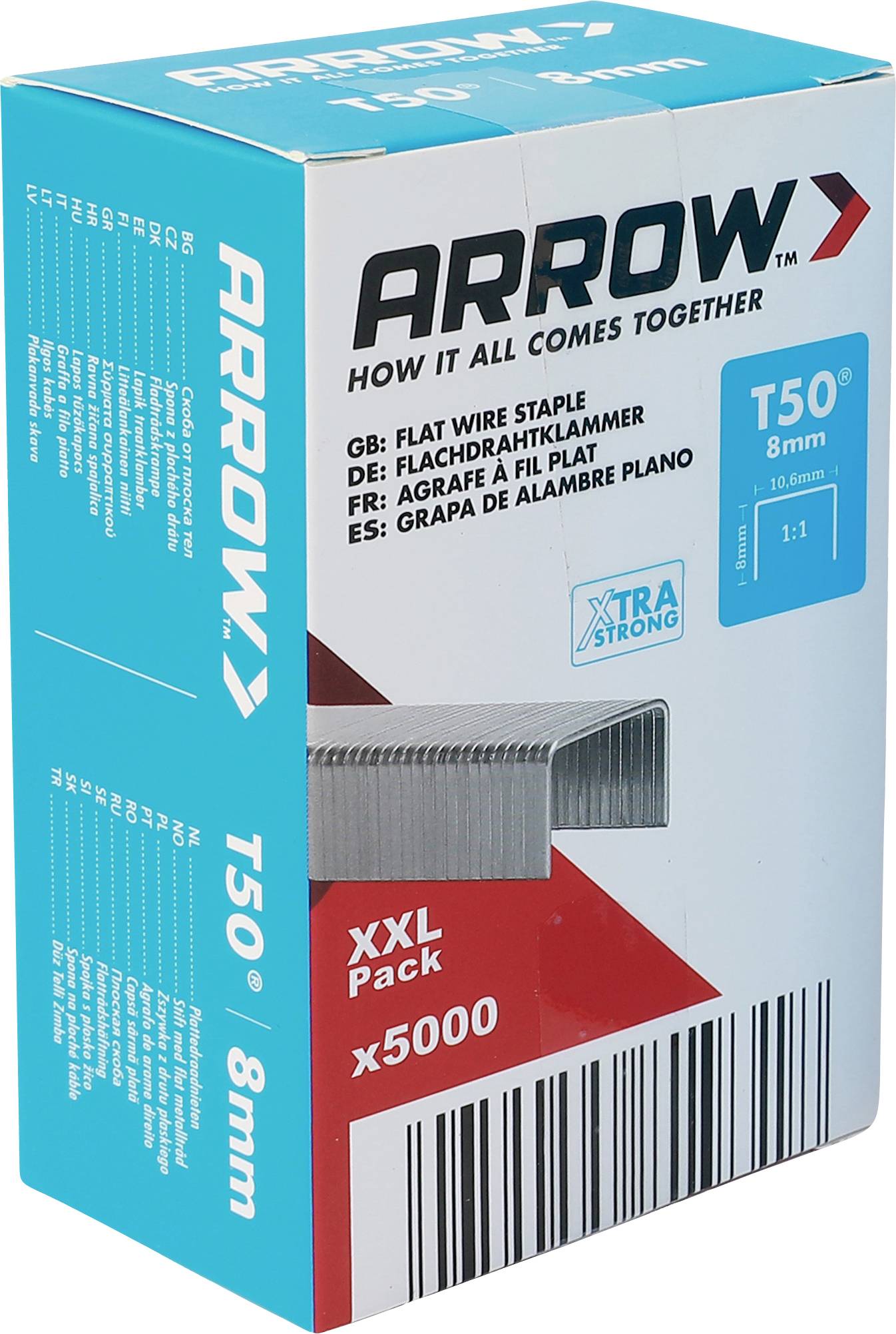 Box of Arrow T50 8mm flat wire staples, XXL pack x5000, shown on product packaging with barcode and 'Xtra Strong' label.