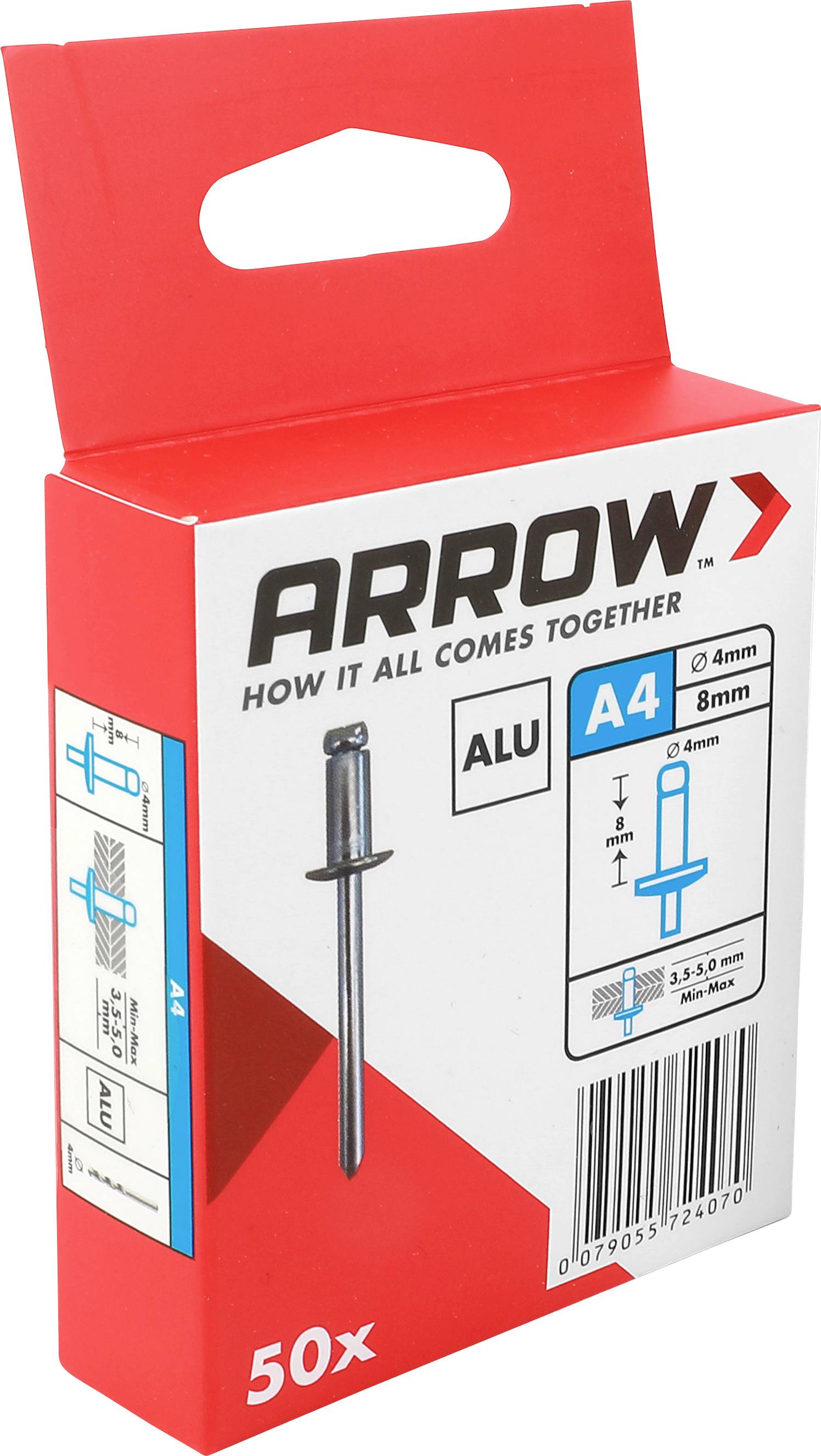 Red box of ARROW ALU blind rivets, A4 4mm, 50-pack, with product diagram and barcode on front.