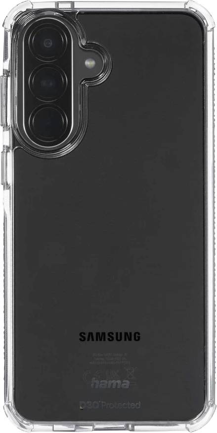 Clear protective case on the back of a black Samsung smartphone, showing the camera cutout and Samsung logo.