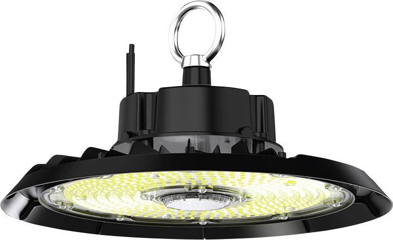 Black industrial LED high-bay light fixture with hanging ring, shown from below on a white background.