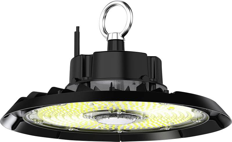 Black industrial LED high-bay light fixture with hanging ring mount, shown from below on a white background.