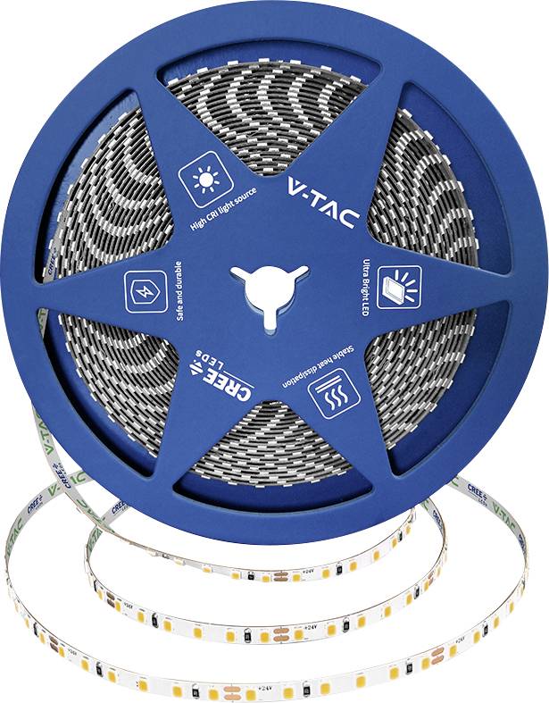 Blue spool of V-TAC LED light strip on a white background, with the coiled strip visible beneath the reel.