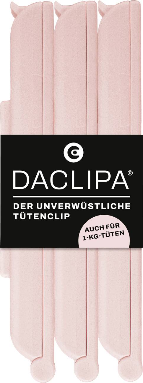 Pink DACLIPA bag clips package with black label and German text 'DER UNVERWÜSTLICHE TÜTENCLIP' and 'AUCH FÜR 1-KG-TÜTEN' on a vertical product display.