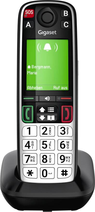 Cordless Gigaset phone on charging base, showing incoming call screen for 'Bergmann, Maria' with answer and reject options.