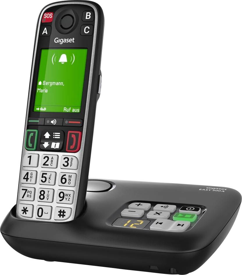 Gigaset cordless phone on a charging base, showing a green caller display with SOS and contact name 'Bergmann, Maria'.