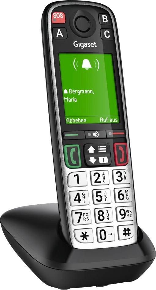 Gigaset cordless phone on charging base, showing an incoming call screen for Bergmann, Maria with answer and reject call buttons.