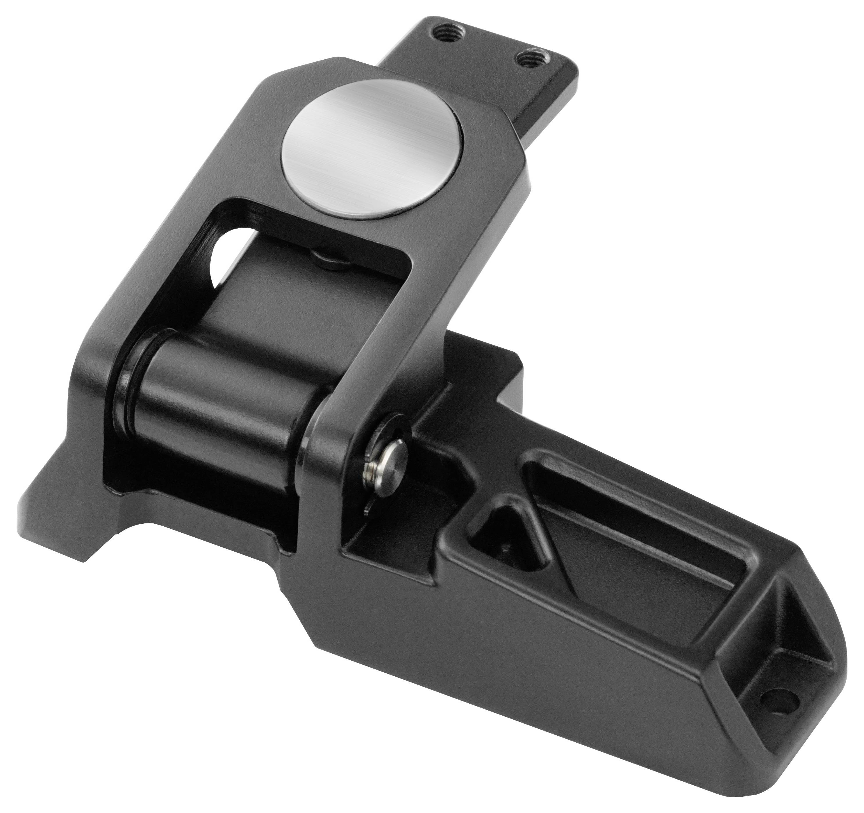 Black metal mechanical hinge or mounting bracket with a large pivot joint and slotted base on a white background.