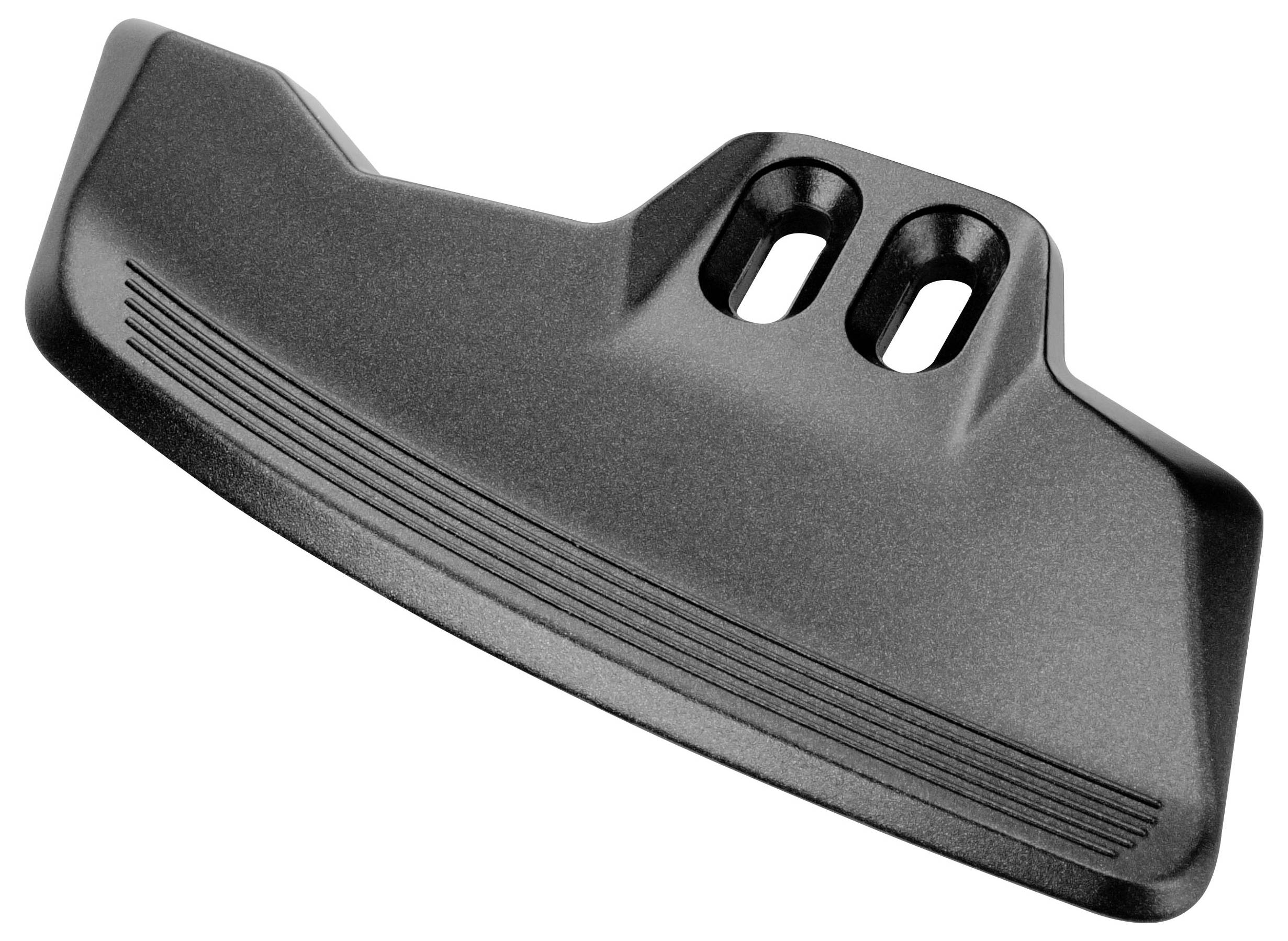 Black textured plastic mounting bracket with two slotted screw holes