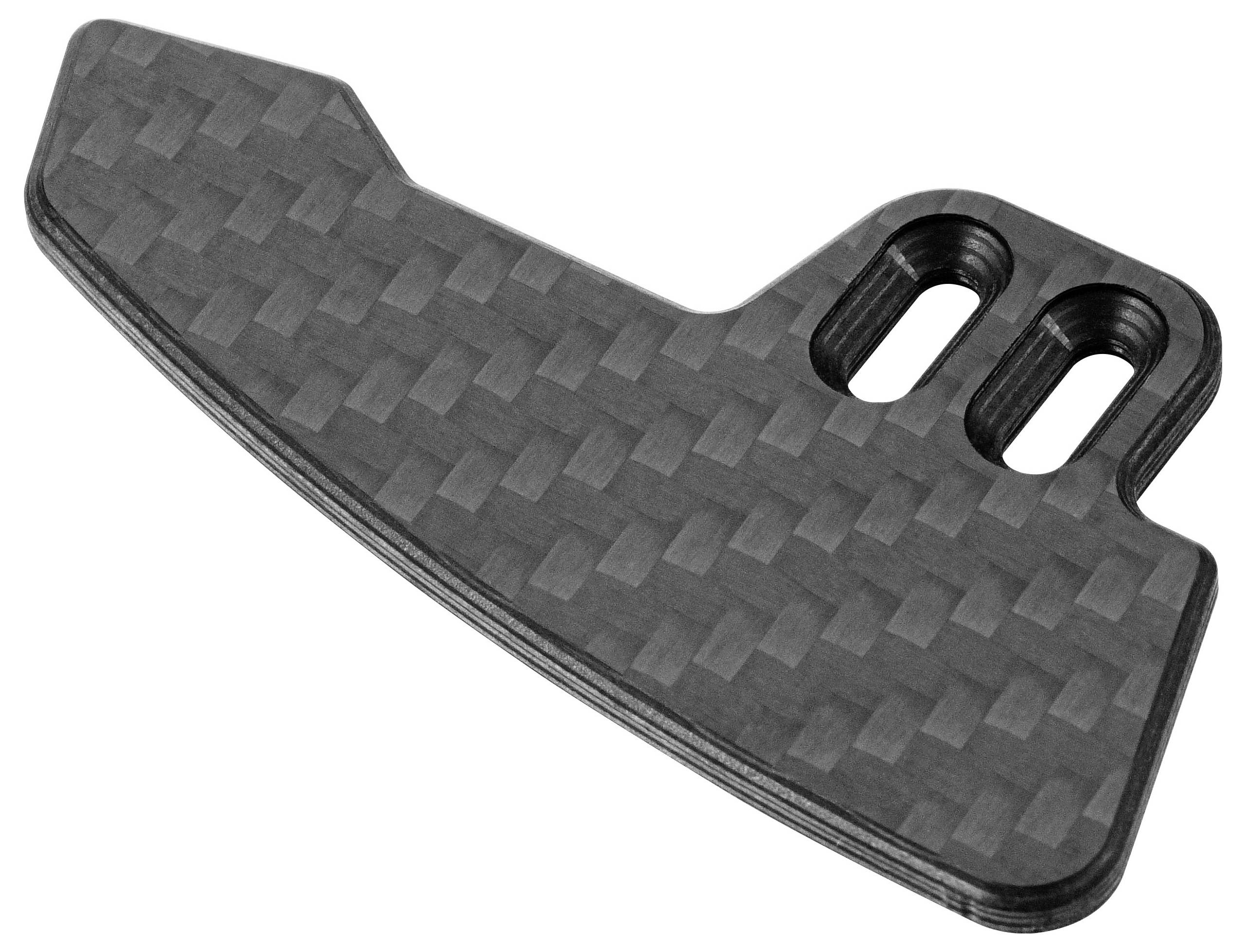 Black carbon-fiber textured paddle-like part with two elongated mounting slots on one end, isolated on white background.