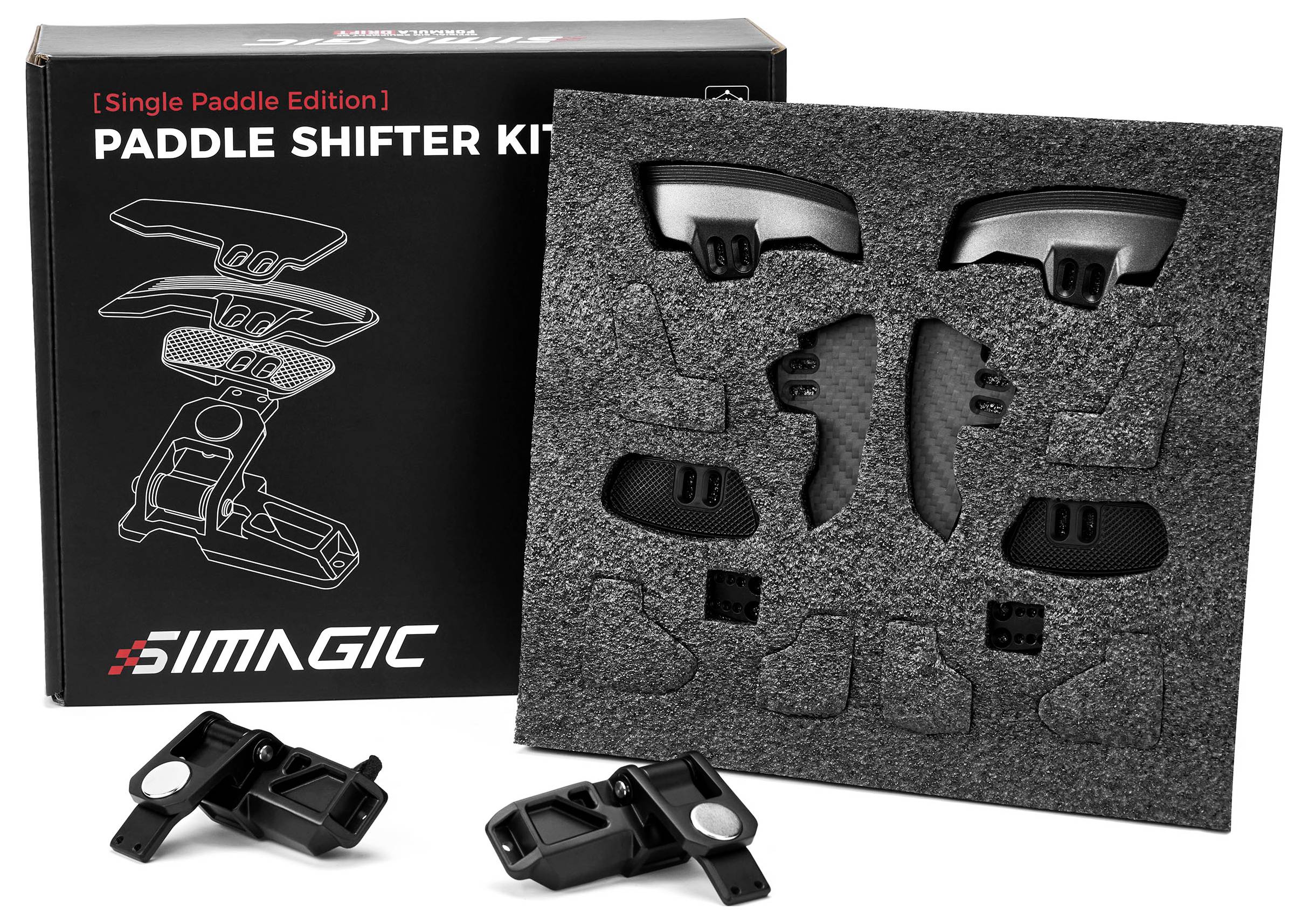 Simagic 'Single Paddle Edition' paddle shifter kit packaging with foam insert and black mounting parts laid out in front