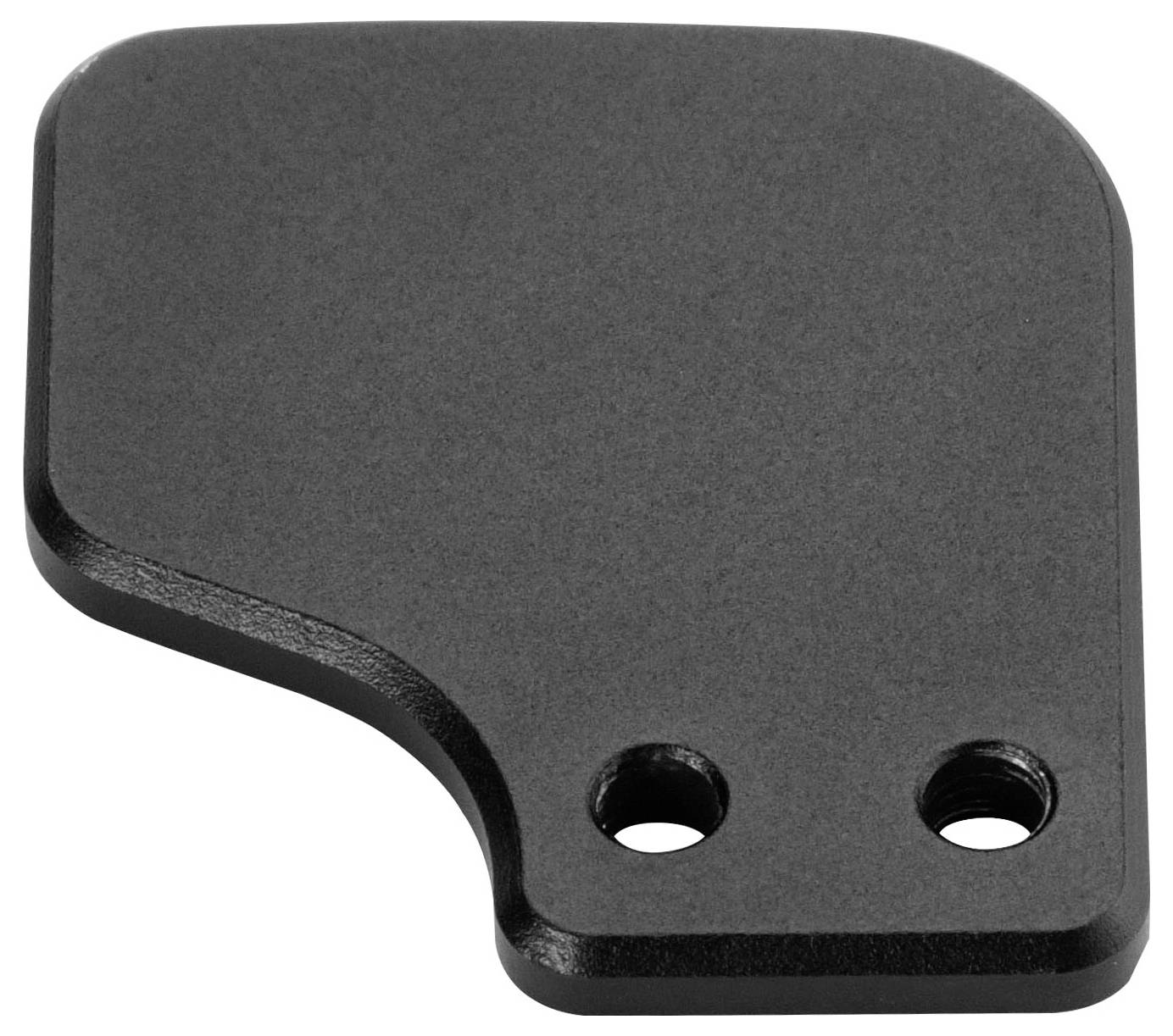 Black metal mounting bracket with rounded edges and two bolt holes on a white background.