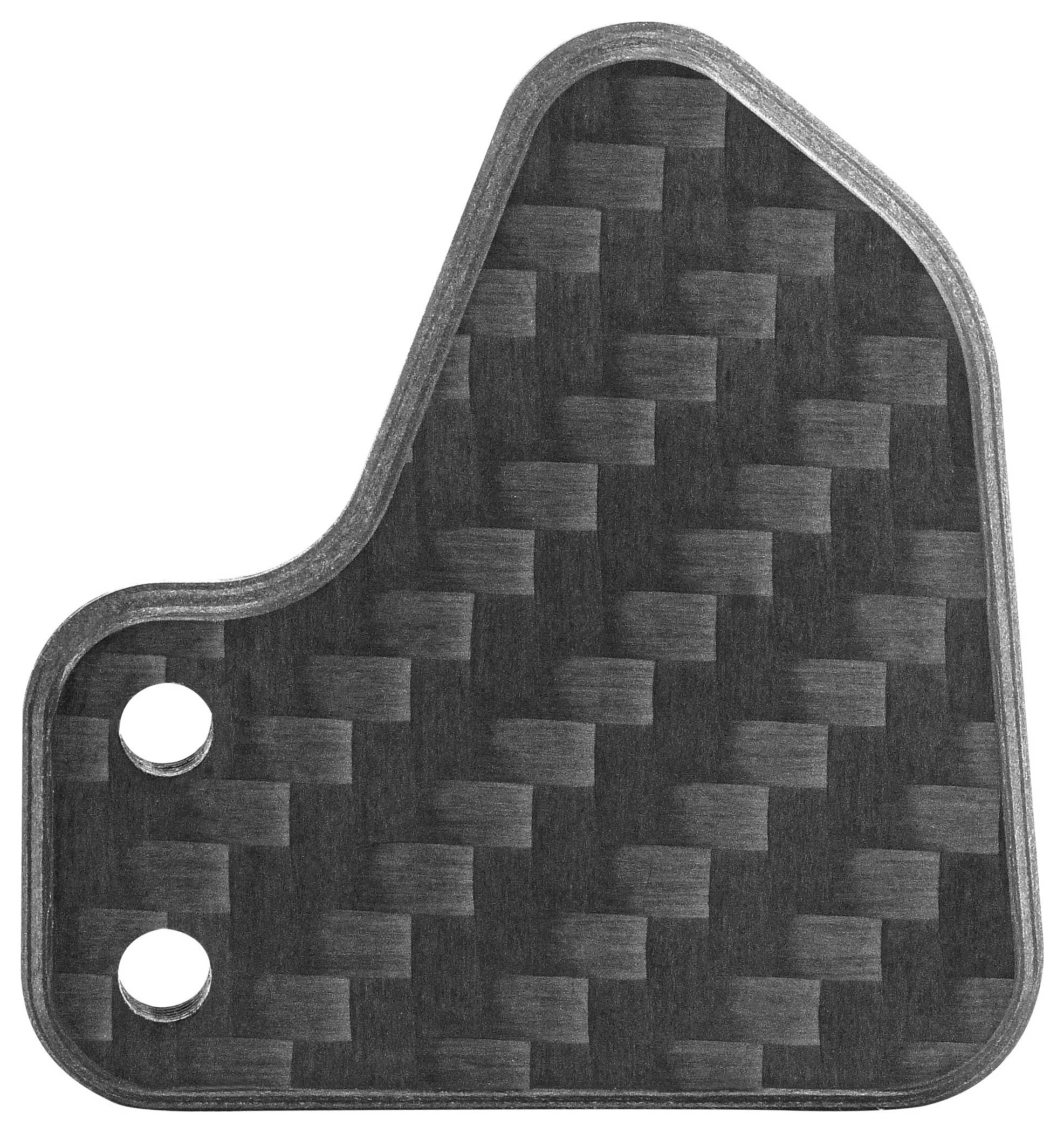 Carbon-fiber-patterned protective panel with rounded shape and two mounting holes on the left side.