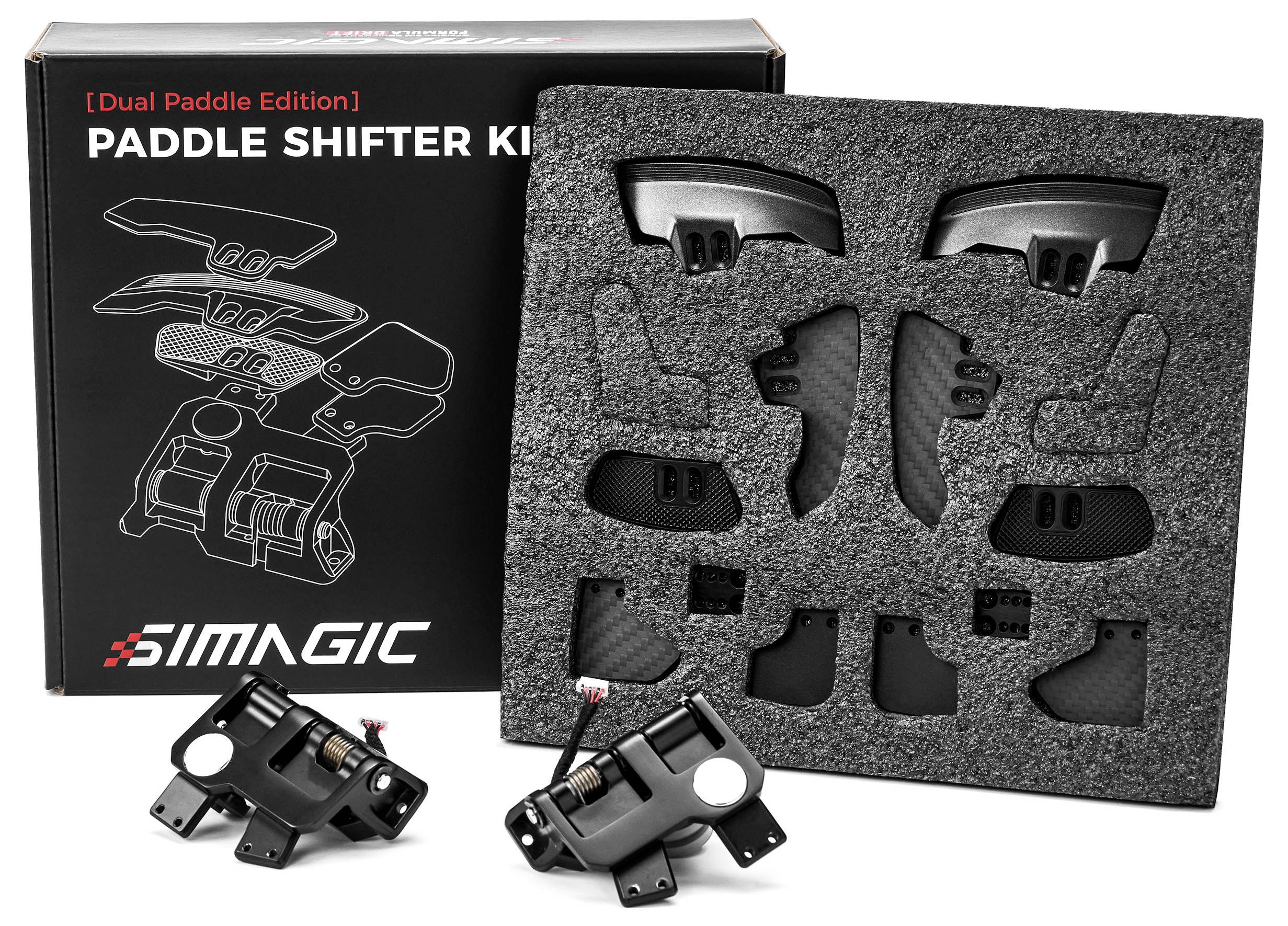 Simagic 'Dual Paddle Edition' paddle shifter kit with box, foam insert, and two black metal shifter units shown in packaging.