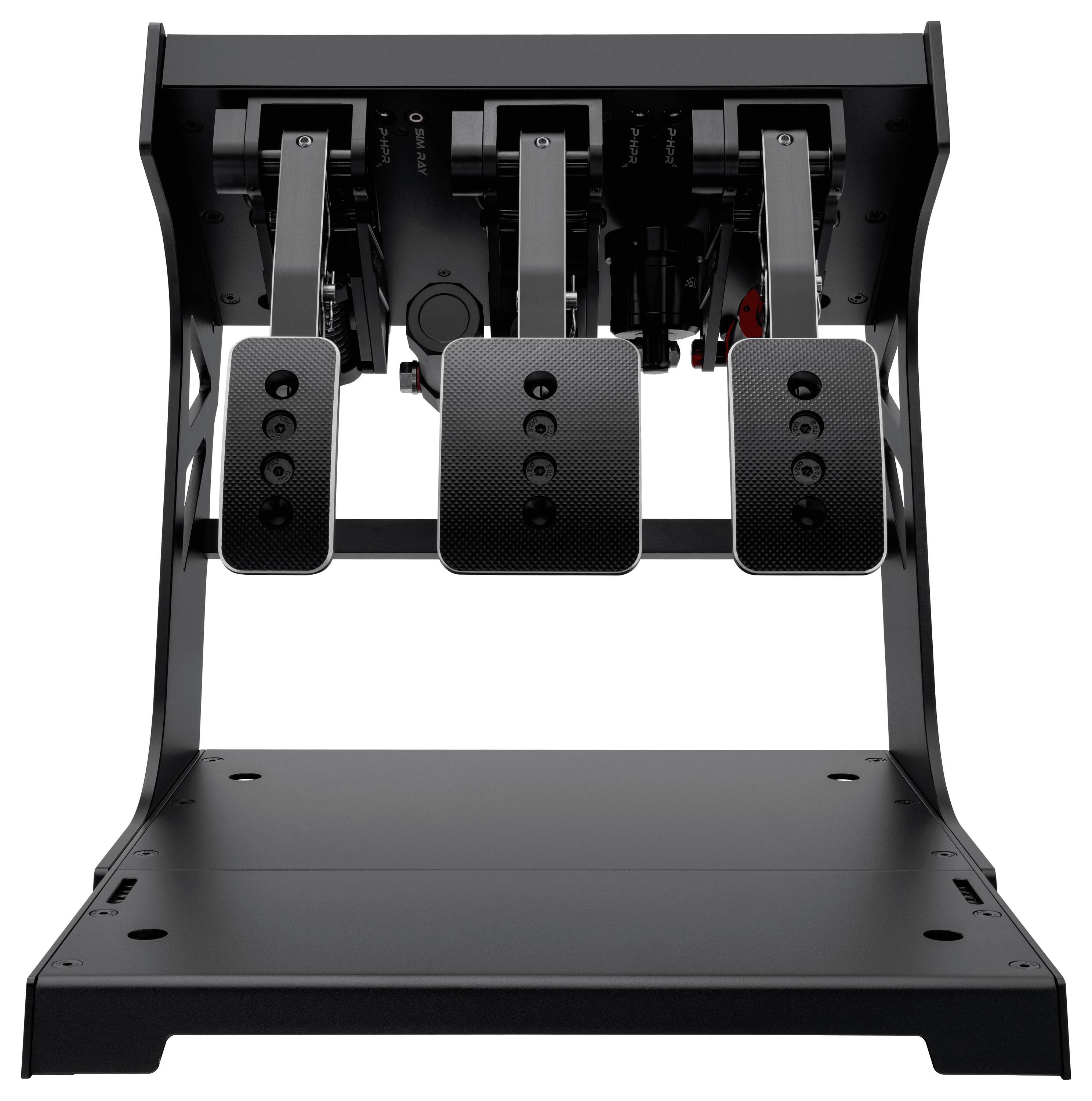 Black three-pedal racing simulator pedal set mounted on a sturdy metal frame, showing accelerator, brake, and clutch pedals.