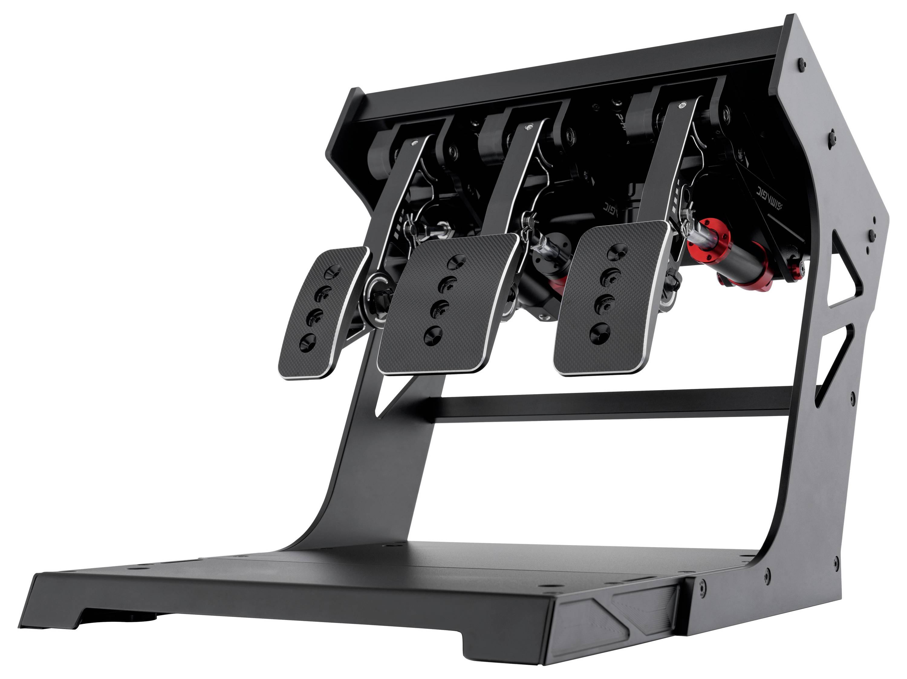 Black racing simulator pedal set with three adjustable metal pedals on a mounted stand against a white background