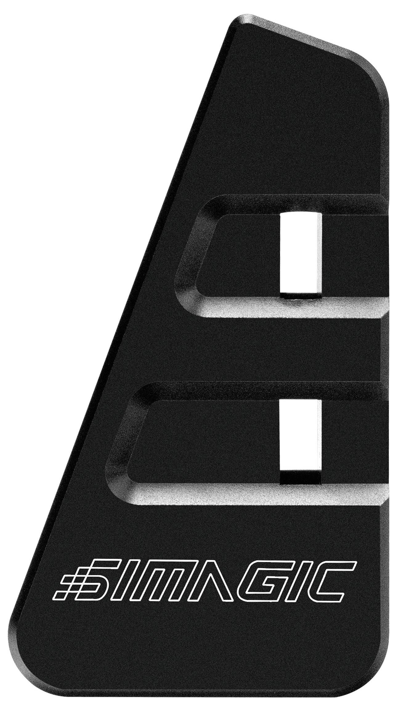Black SIMAGIC branded metal gaming peripheral part with two rectangular cutouts and rounded top and bottom edges.