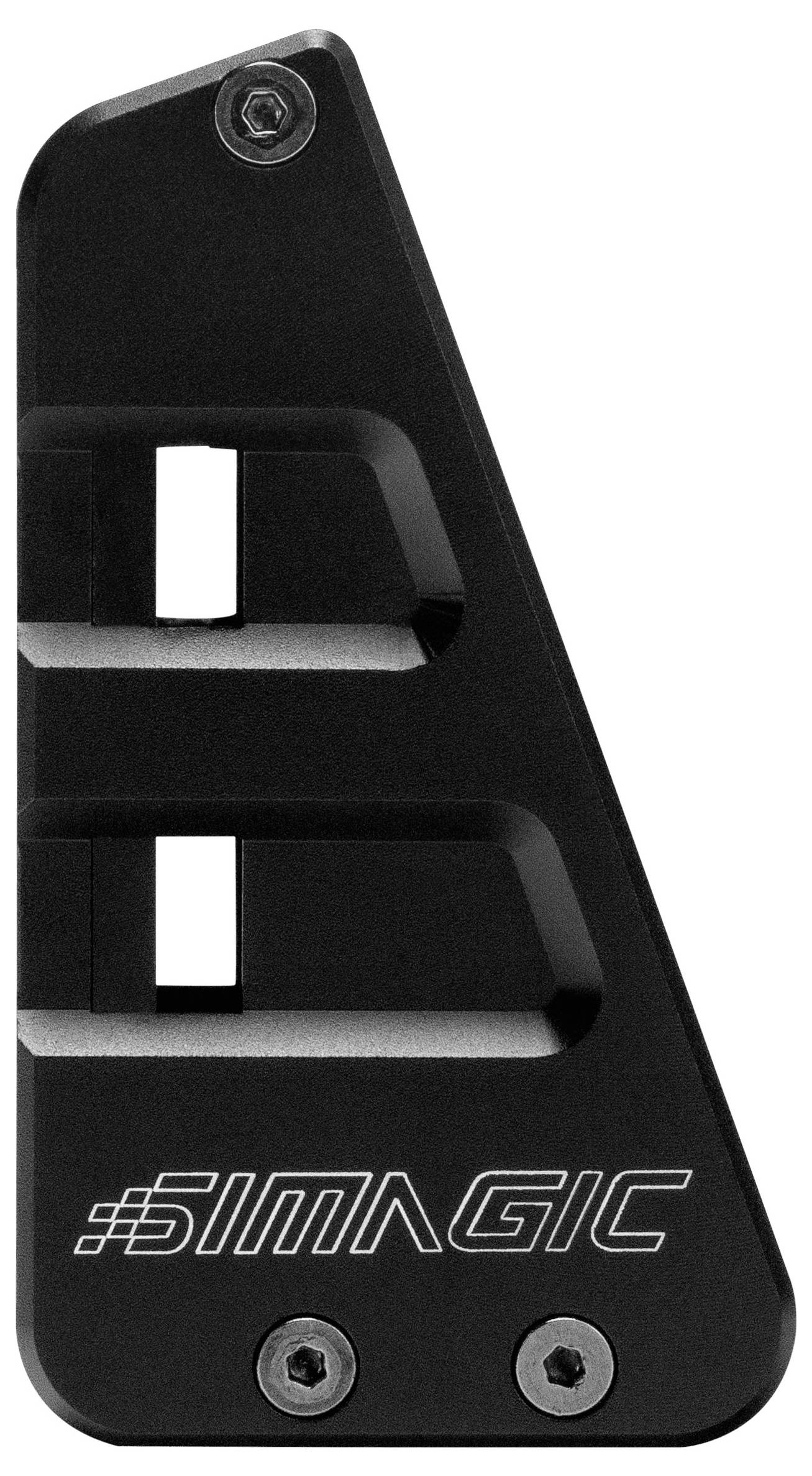 Black metal mounting bracket with two rectangular cutouts and 'SIMAGIC' logo, secured by three screws.