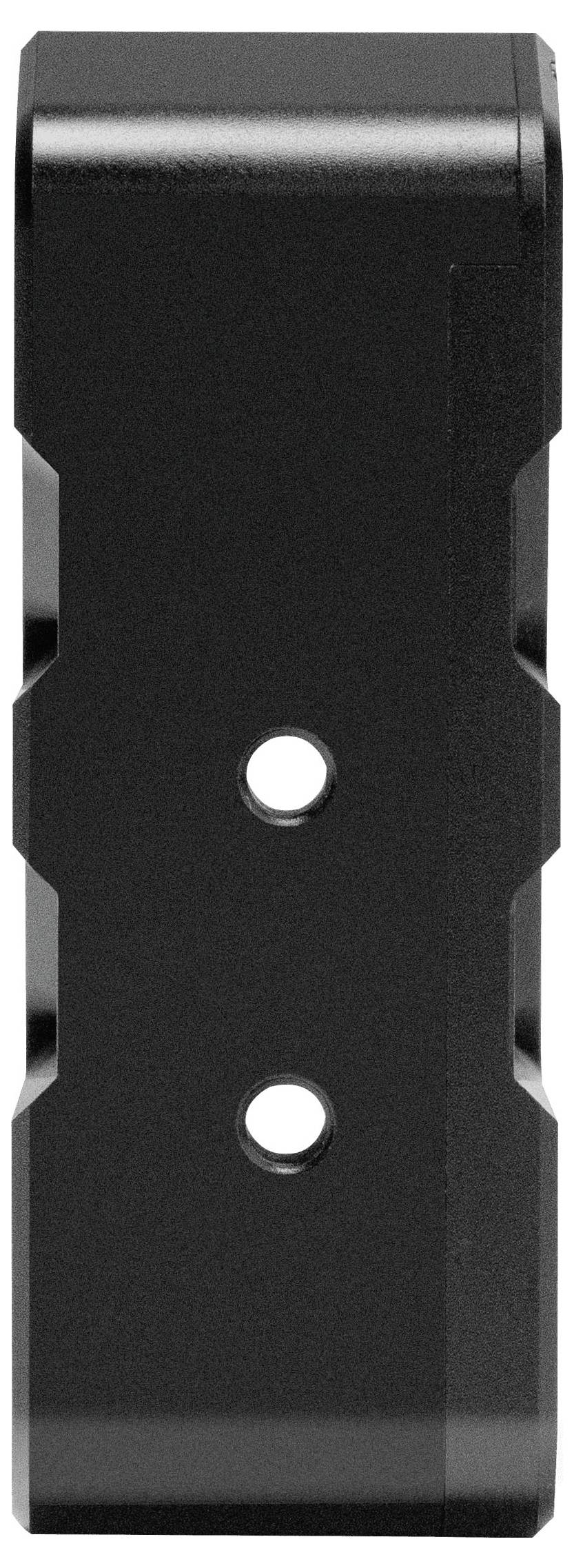 Black metal mounting bracket with two round bolt holes, shown on a white background.