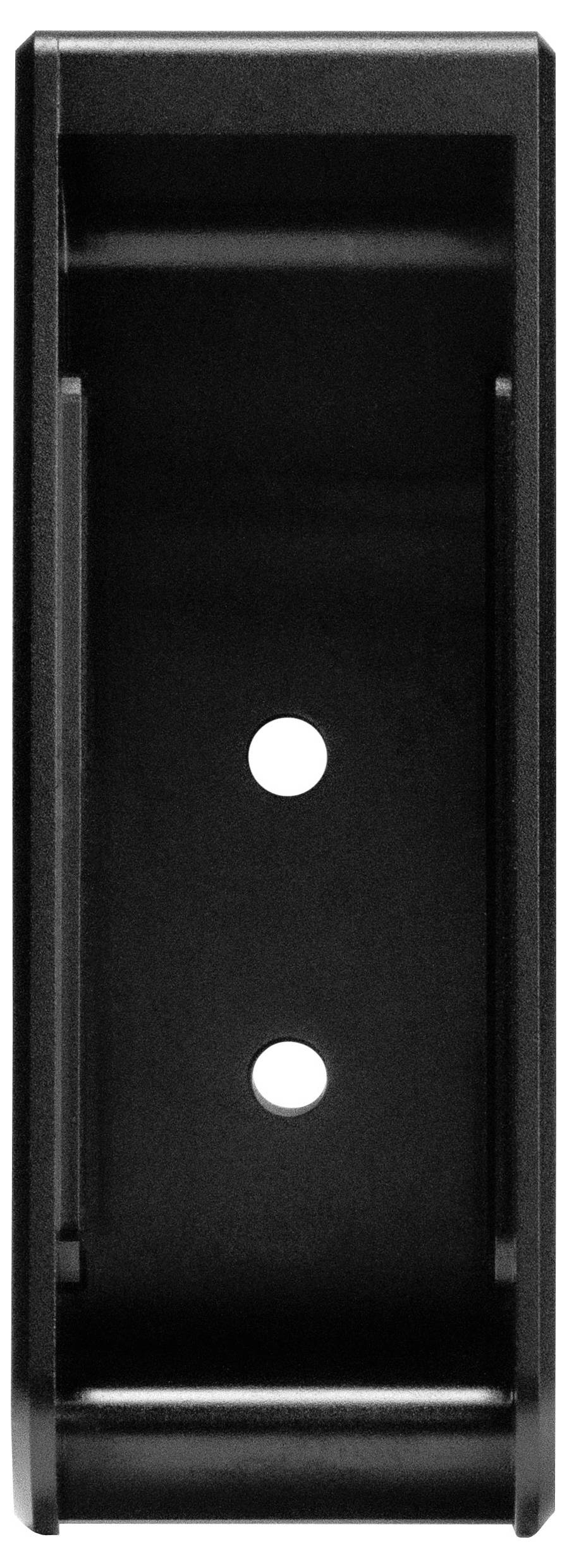 Black rectangular wall-mounted plate with two centered circular openings and recessed top and bottom edges.