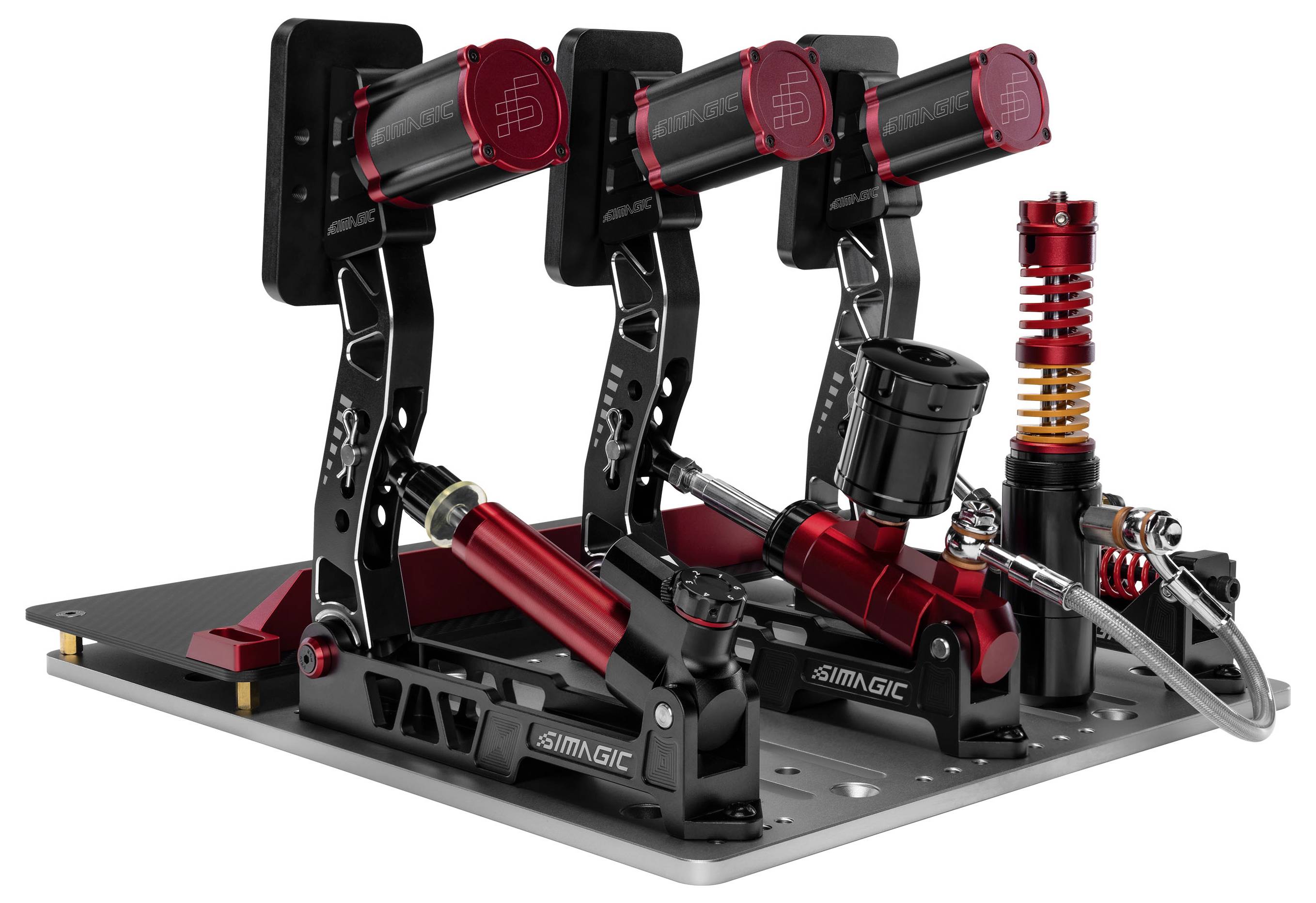 Simagic racing simulator pedal set with three adjustable pedals, hydraulic-style dampers, and mounting base on a white background.