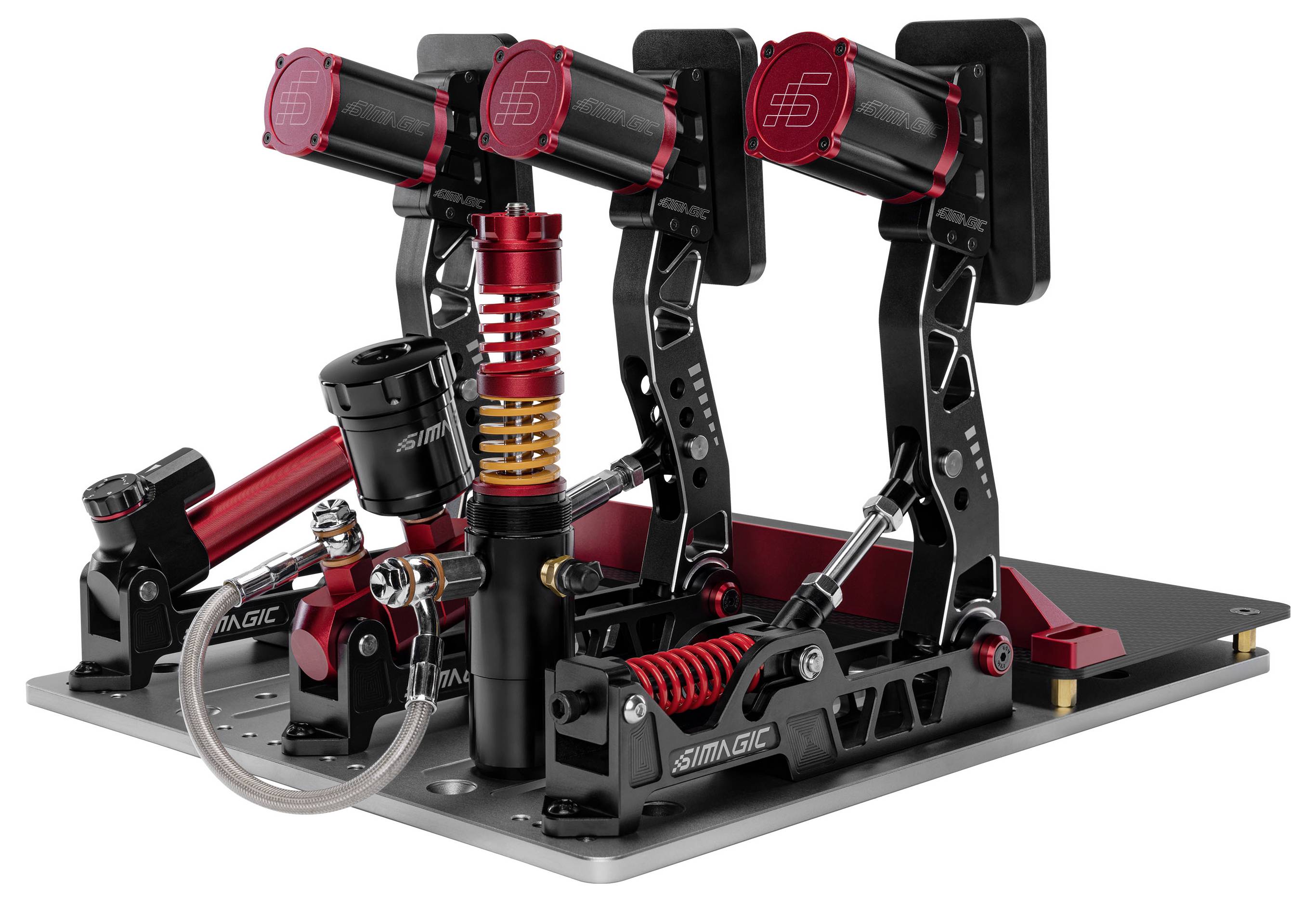 Three racing simulator flight-style throttle and pedal controls mounted on a platform with red and black mechanical components, springs, and adjustment hardware.