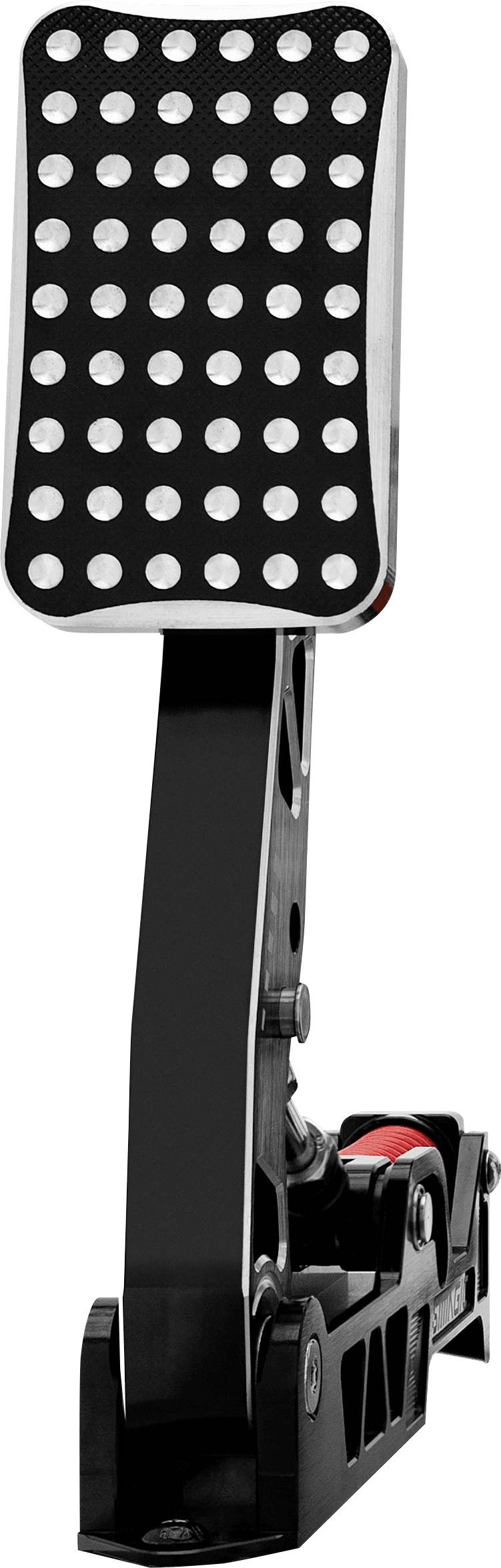 Close-up of a black mechanical pedal assembly with a perforated rectangular footpad and visible hinge and spring mechanism.