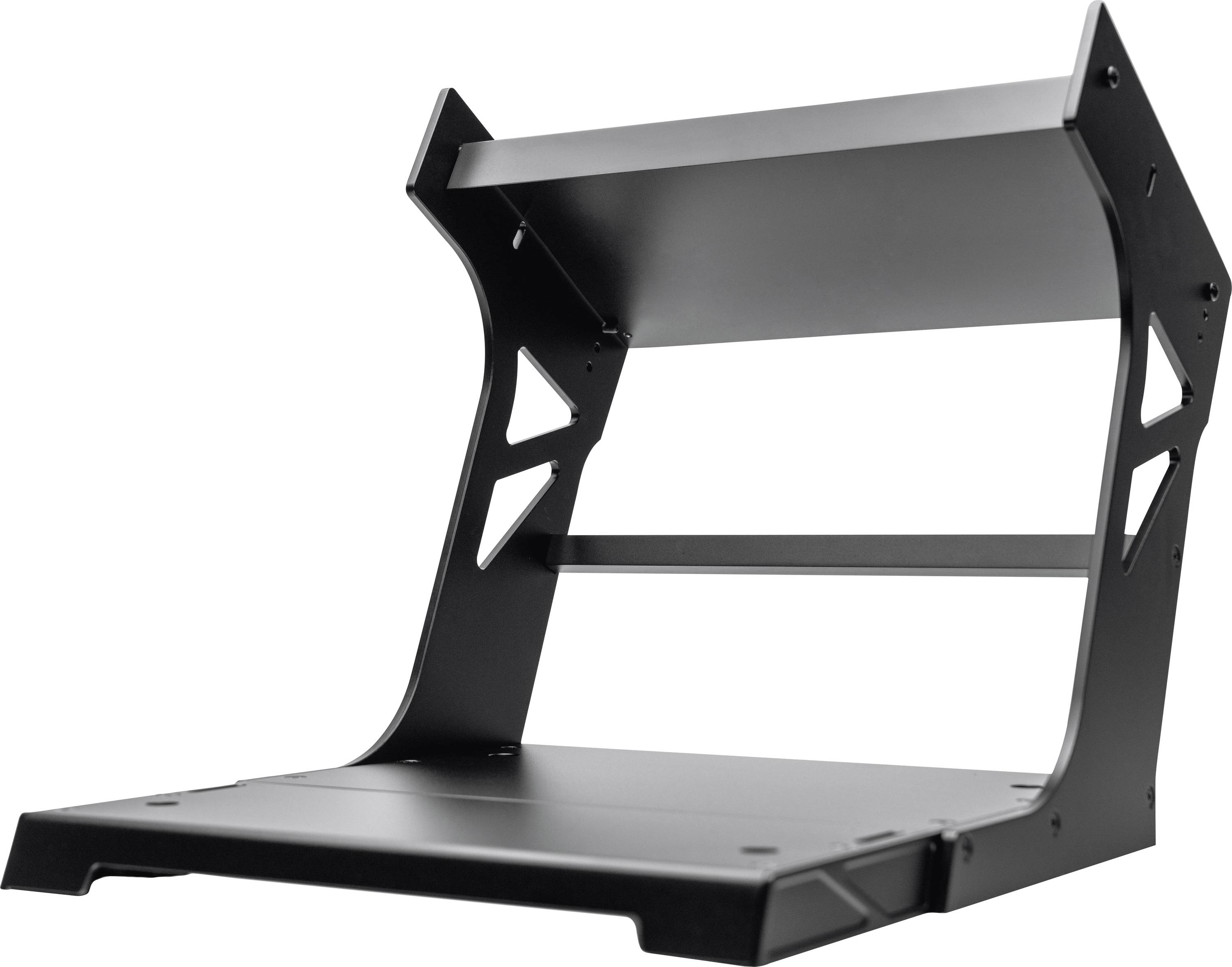 Black metal wall-mount bracket with two shelves, shown on a white background.