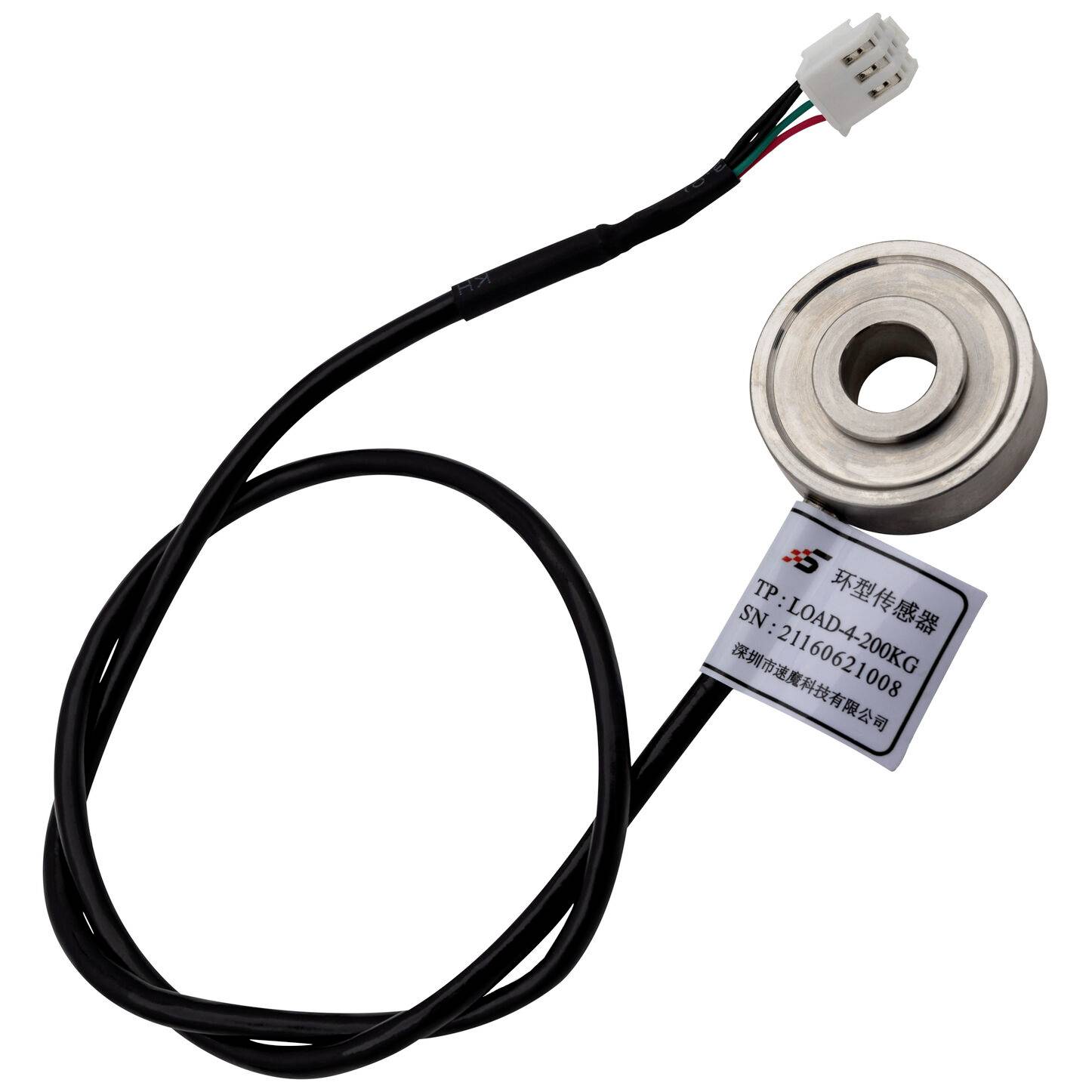 Small metal load cell sensor with cable and connector, shown on a white background with a labeled tag.