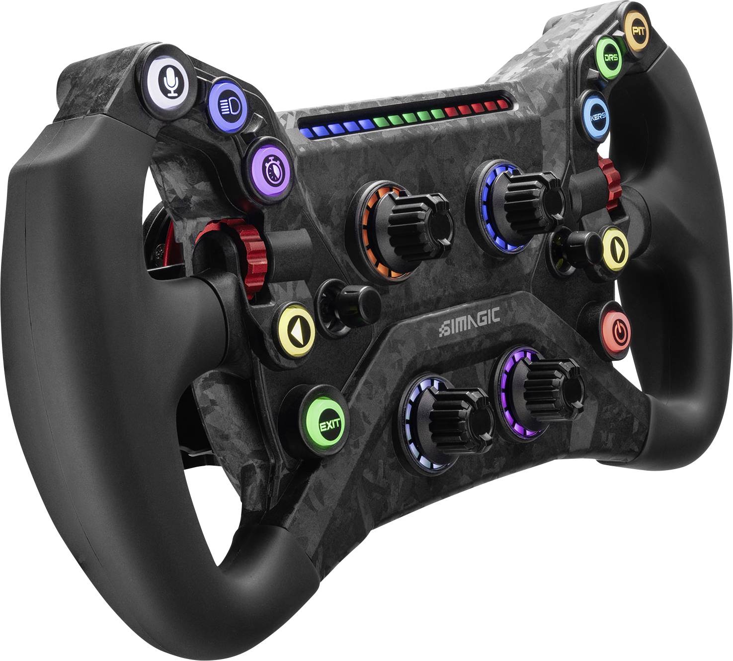 A black racing game steering wheel controller with multiple colored buttons, rotary dials, and paddle shifters.