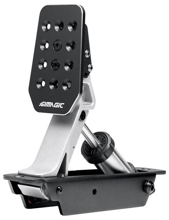 Black and silver SIMAGIC adjustable racing pedal assembly shown on a white background, with a perforated footplate and hydraulic-style linkage.