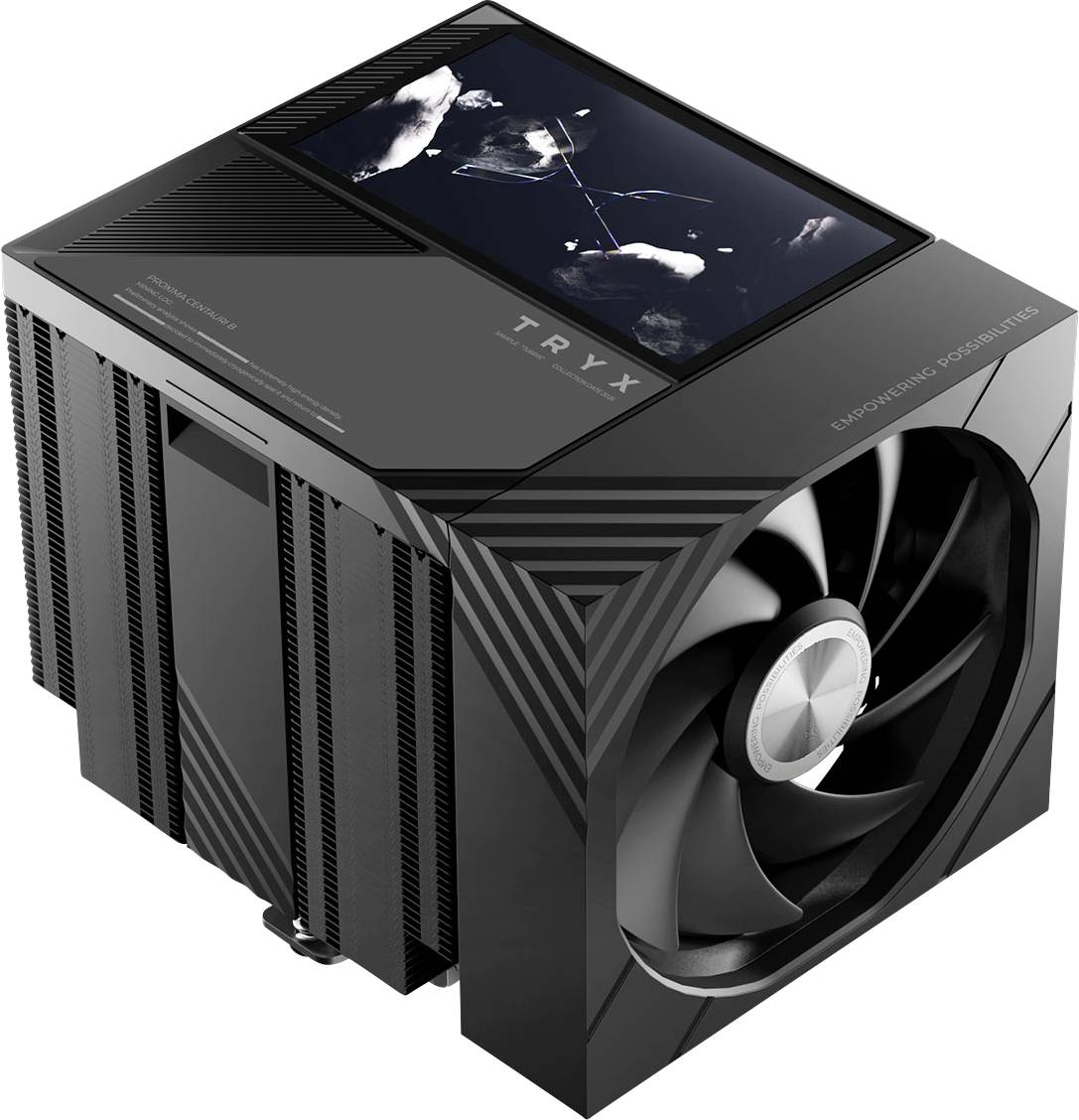 Black NZXT T120 TRYX liquid cooler with a large front fan, fin stack, and top display showing abstract graphics.