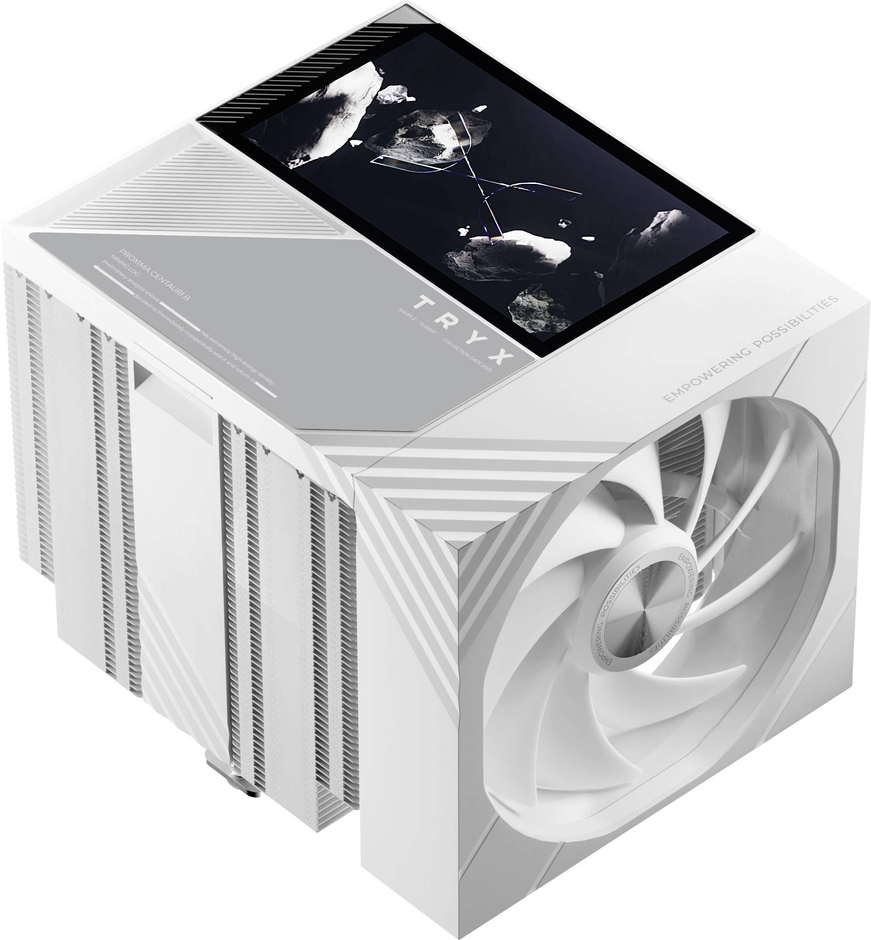 White TRYX computer liquid cooler block with integrated screen and large side fan, shown in a product-style rendering.