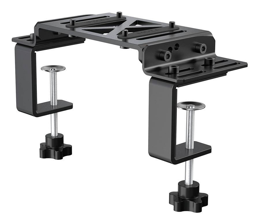 Black metal dual clamp mounting bracket with two screw-tightened C-clamps and an angled top plate for attaching equipment to a surface.