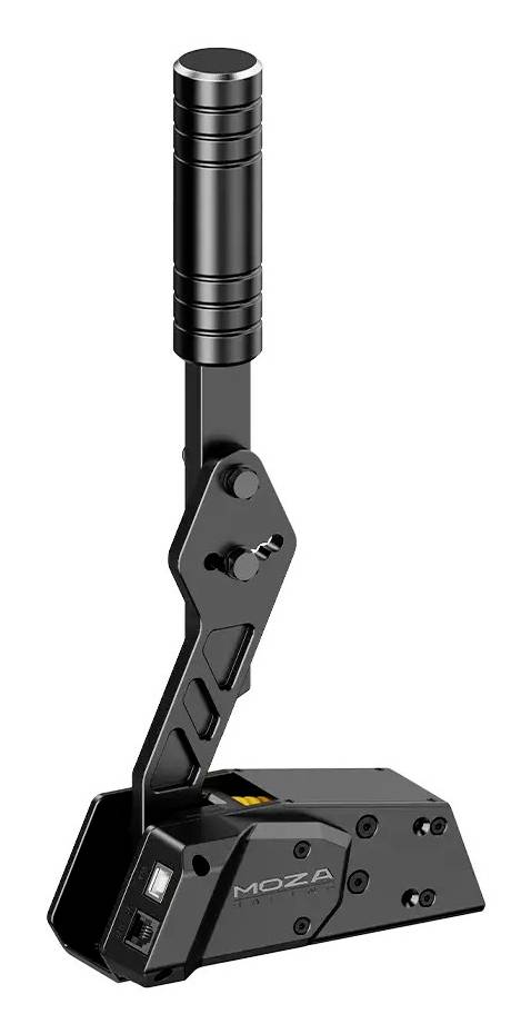 Black Moza racing sim handbrake controller with vertical grip and adjustable mounting base, shown on a white background.