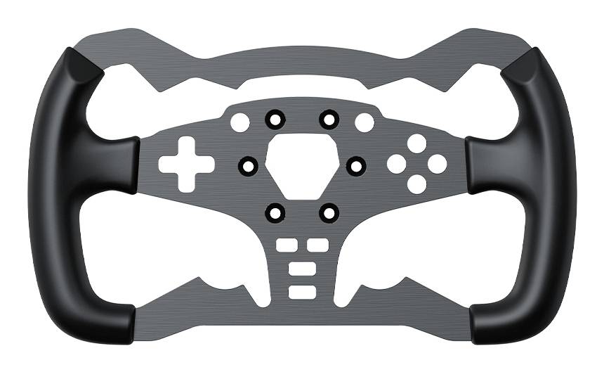 Black racing-style steering wheel with grip handles and multiple button cutouts, shown front view on a white background.