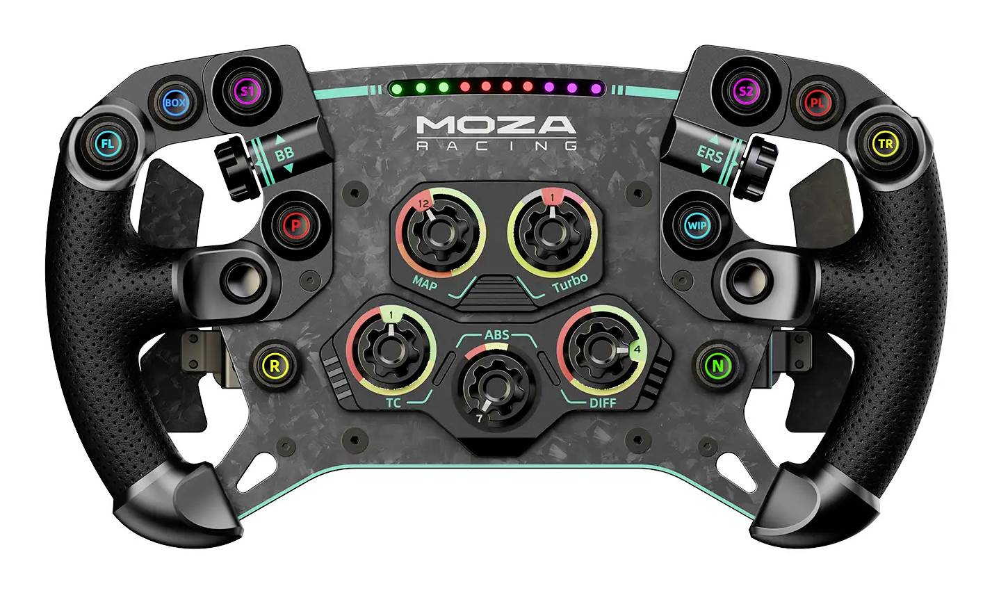 MOZA Racing steering wheel controller with multiple colored buttons, rotary dials, and indicator lights for sim racing